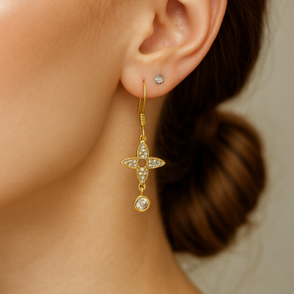 Gold Clover and Rhinestone Earrings