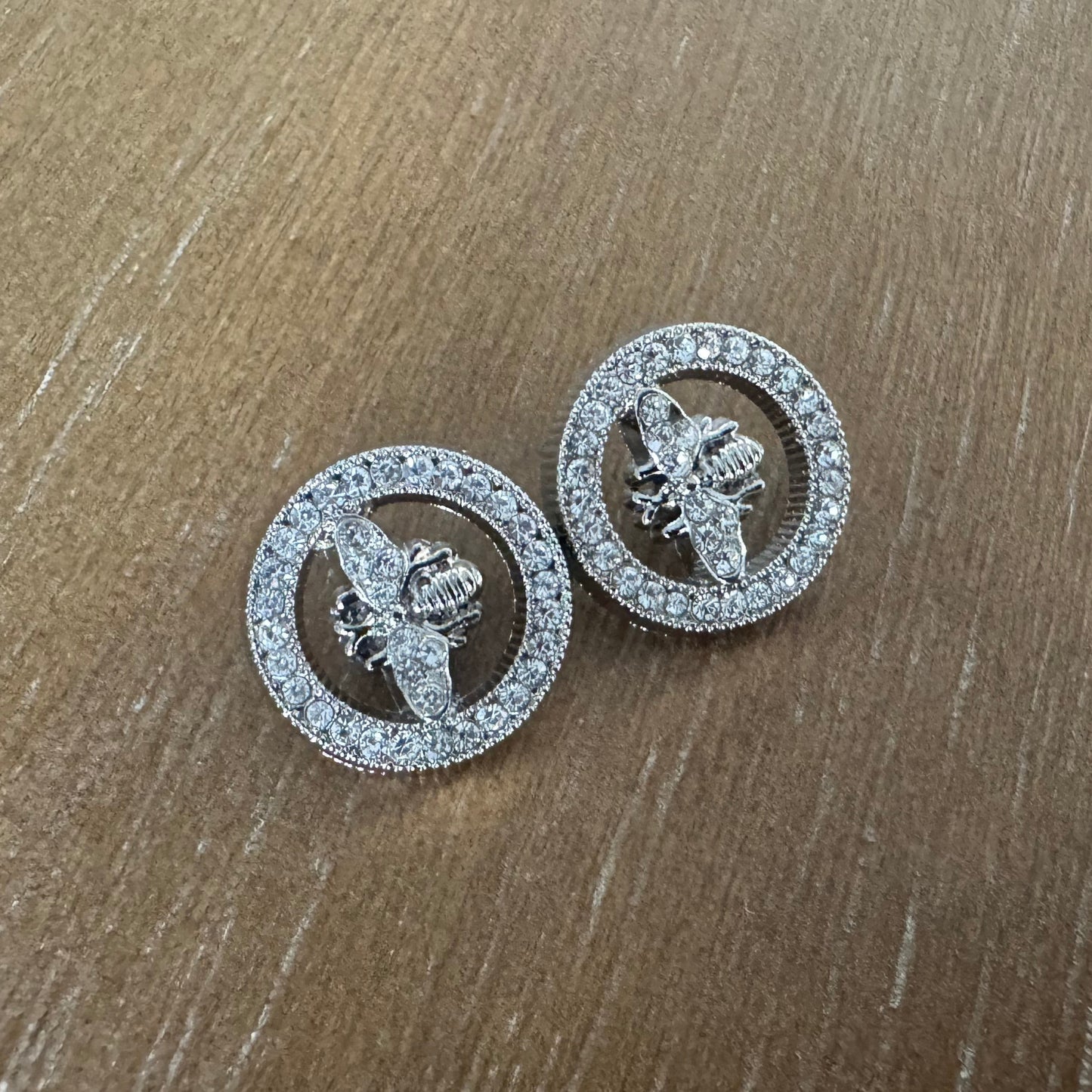 Silver Rhinestone Cutout Bee Stud Earrings