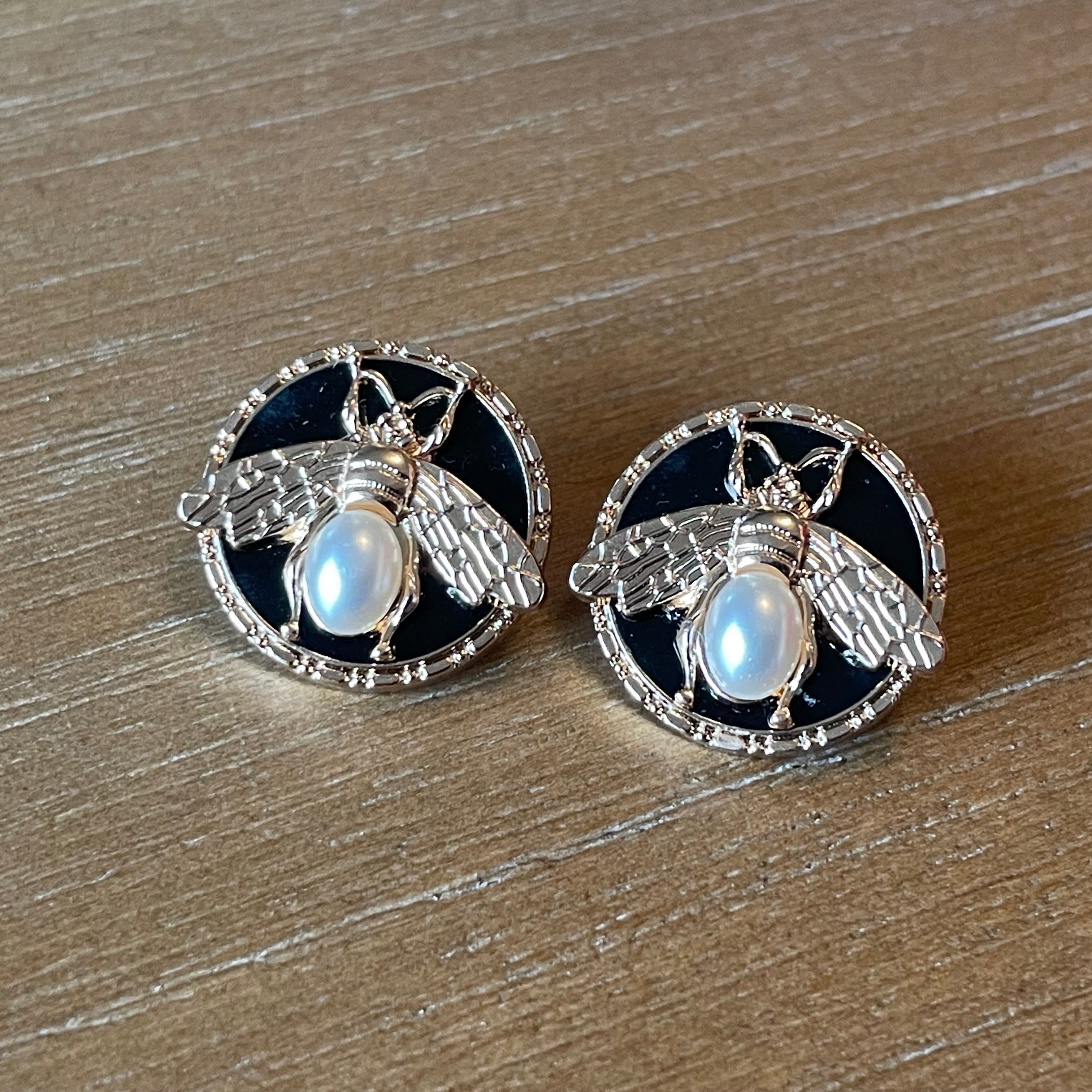 Black Enamel Gold Pearl Bee Stud Earrings