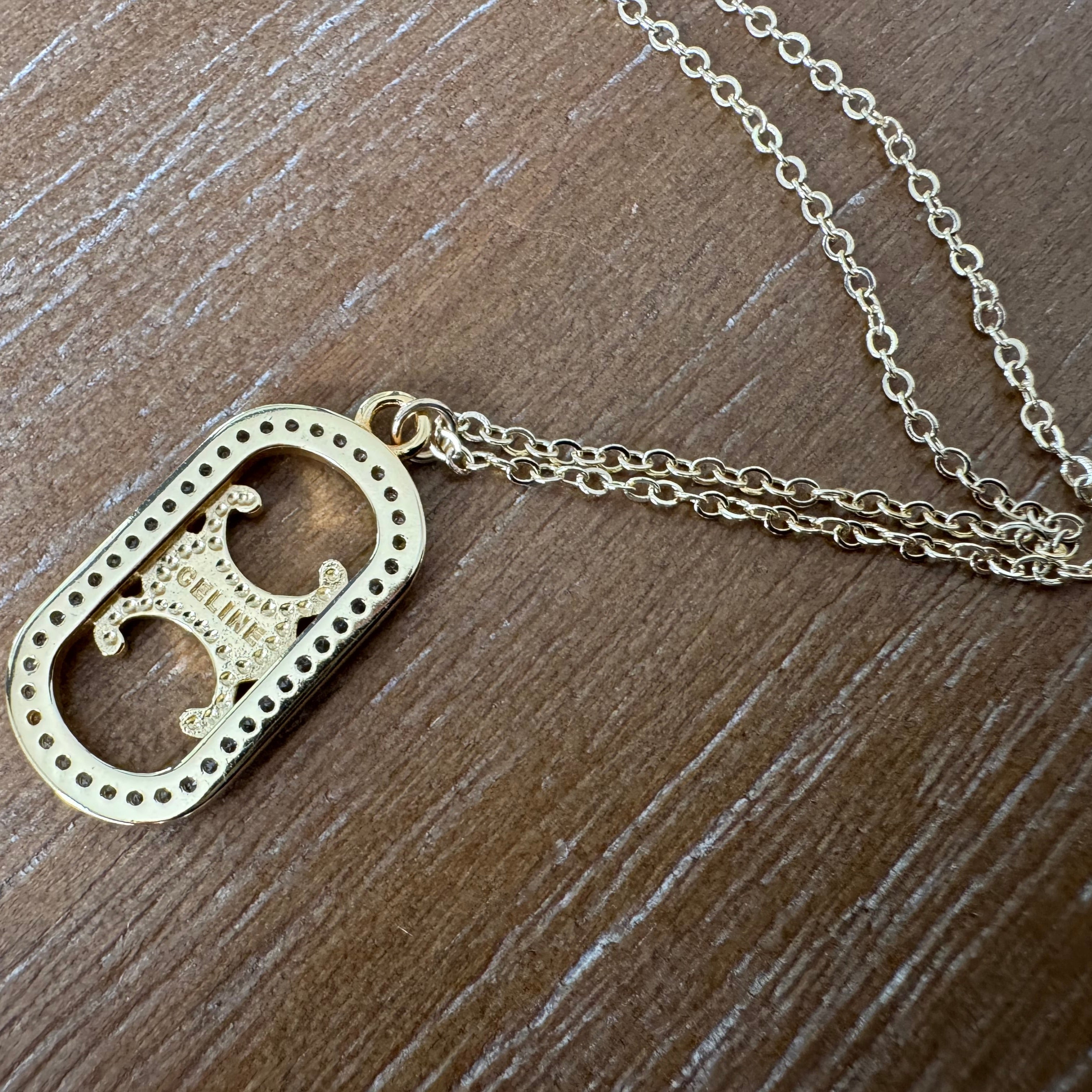 Yellow Gold and Rhinestone Oval Necklace