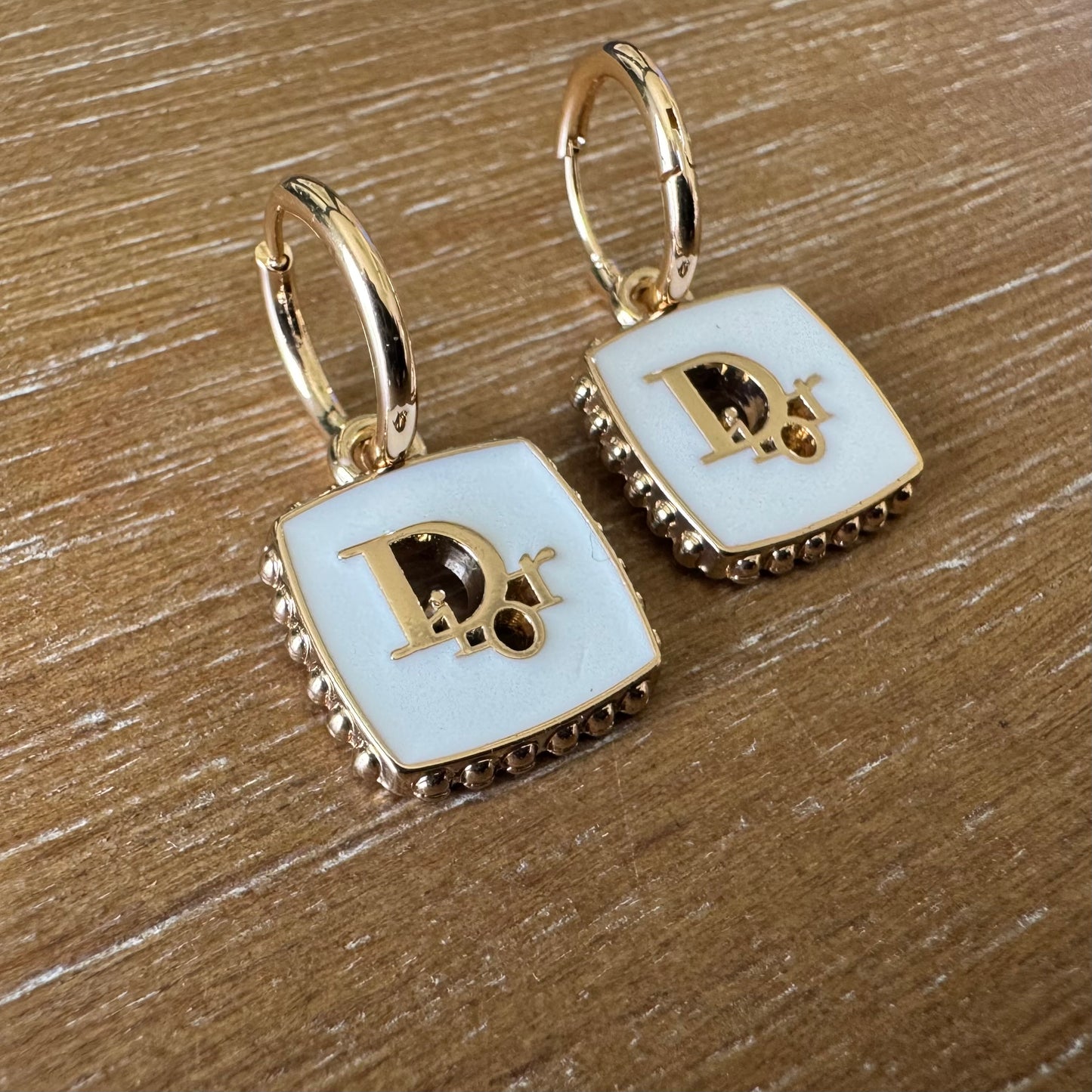 White Enamel and Gold Small Tag Huggies