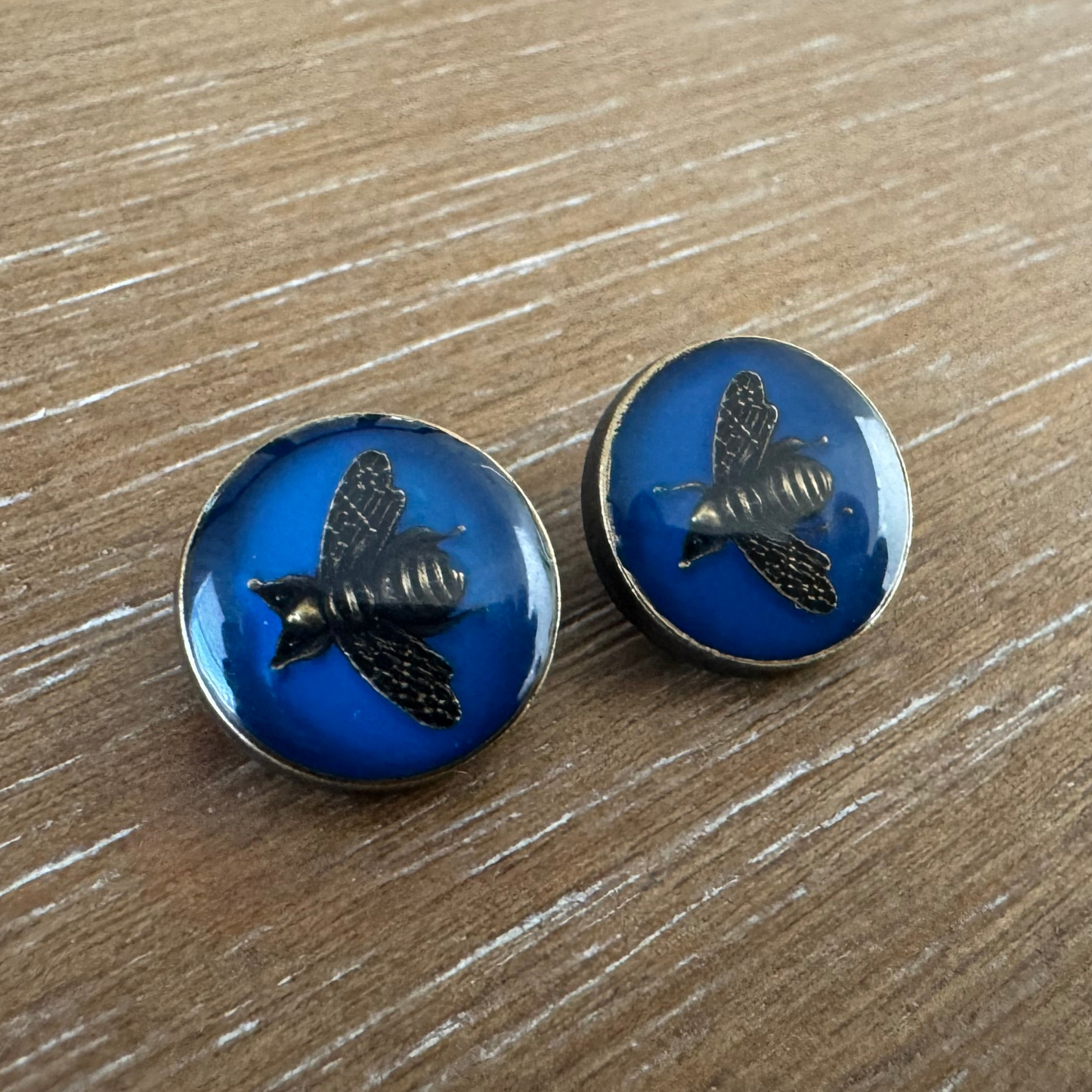 Blue Enamel Bee Stud Earrings