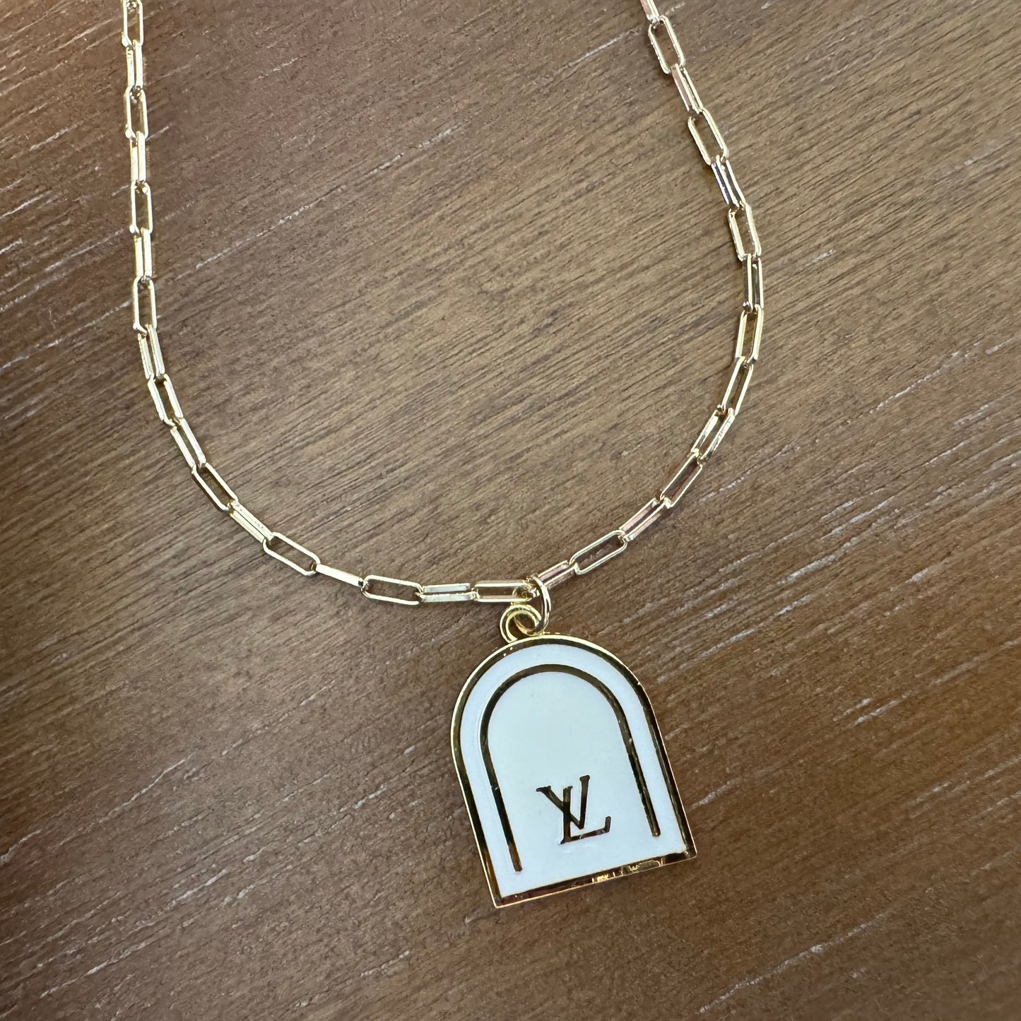 Yellow Gold White Enamel Door Necklace