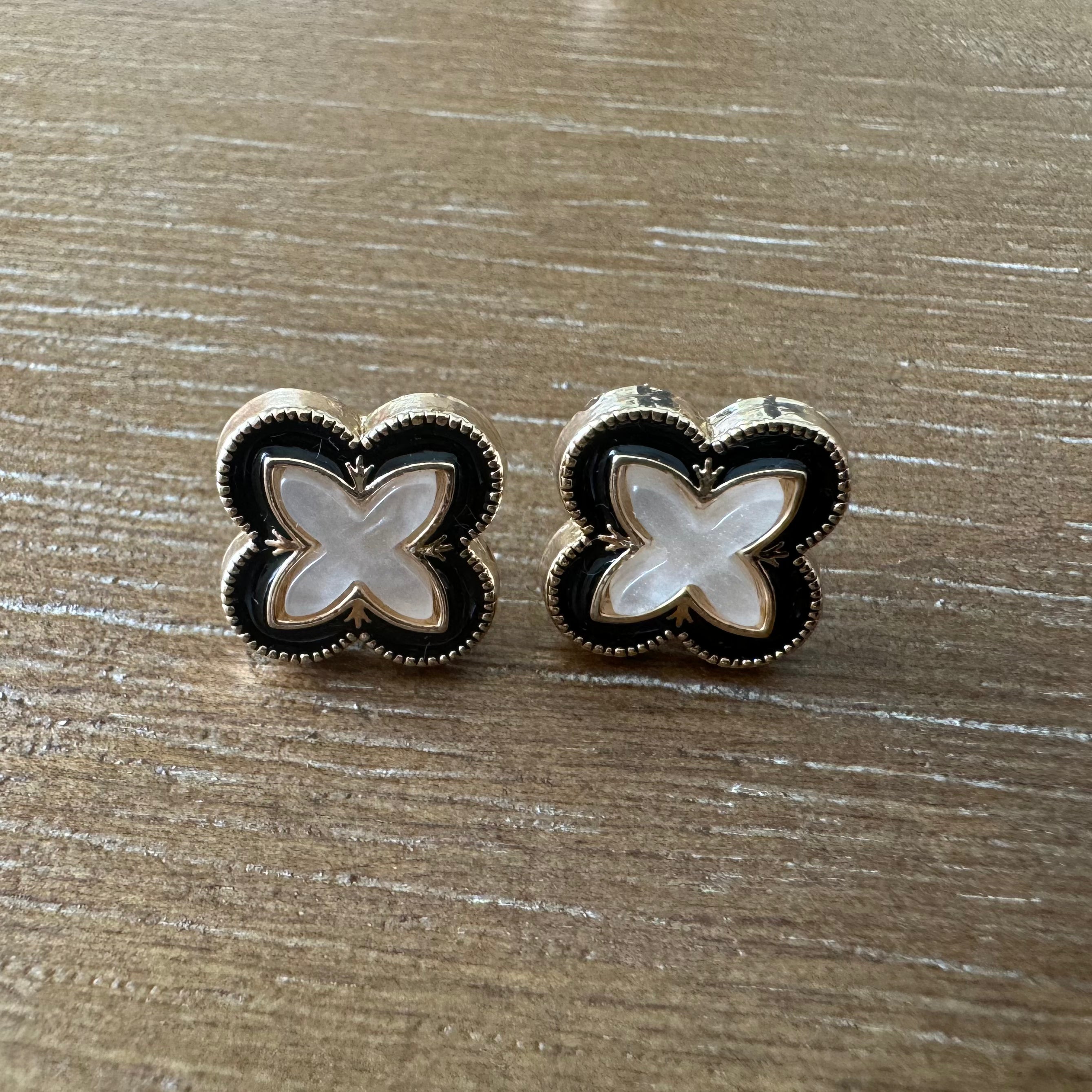 Pearl White and Black Enamel Stud Earrings