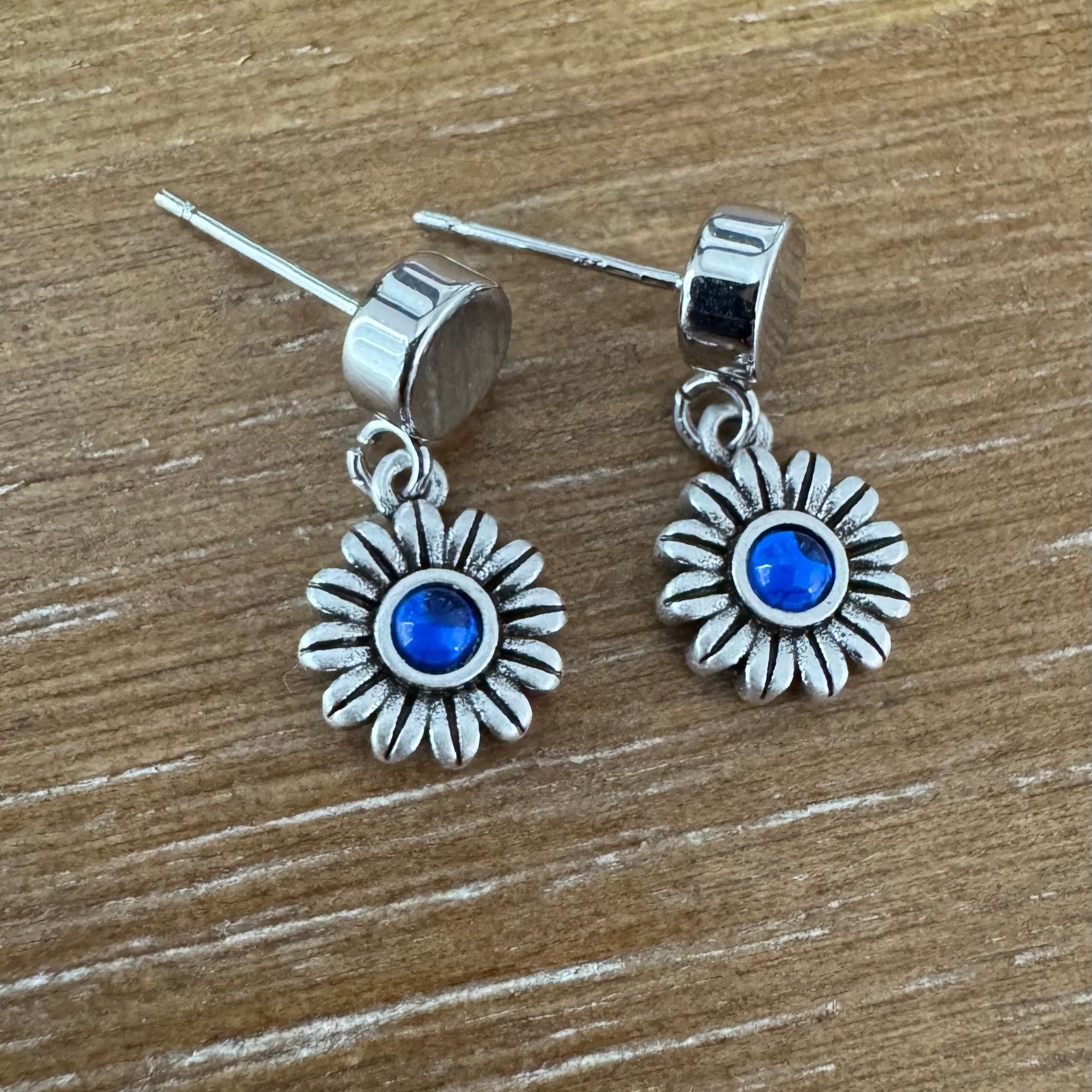 Silver and Blue Stone Flower Post Earrings