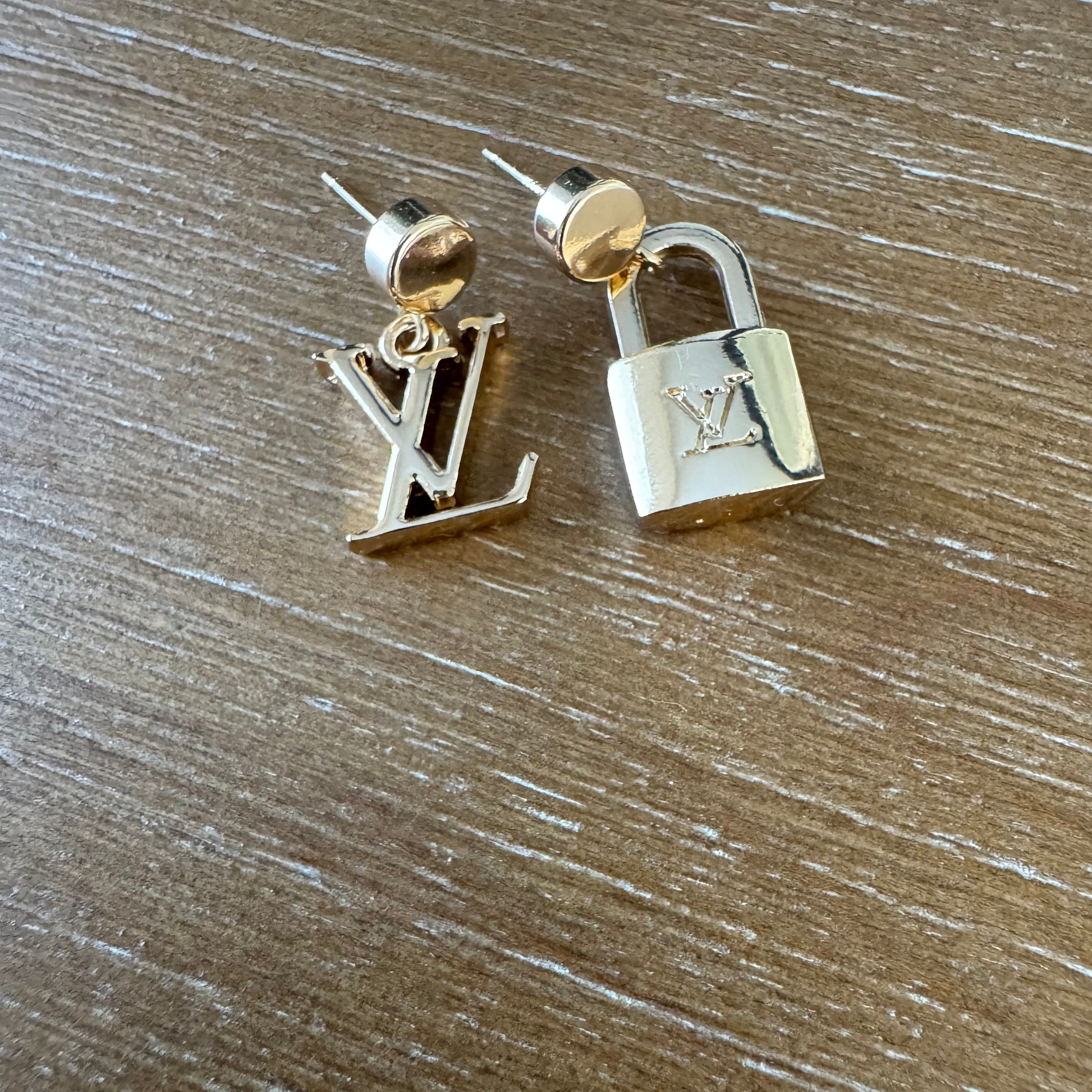 Gold Lock and Mongram Post Earrings