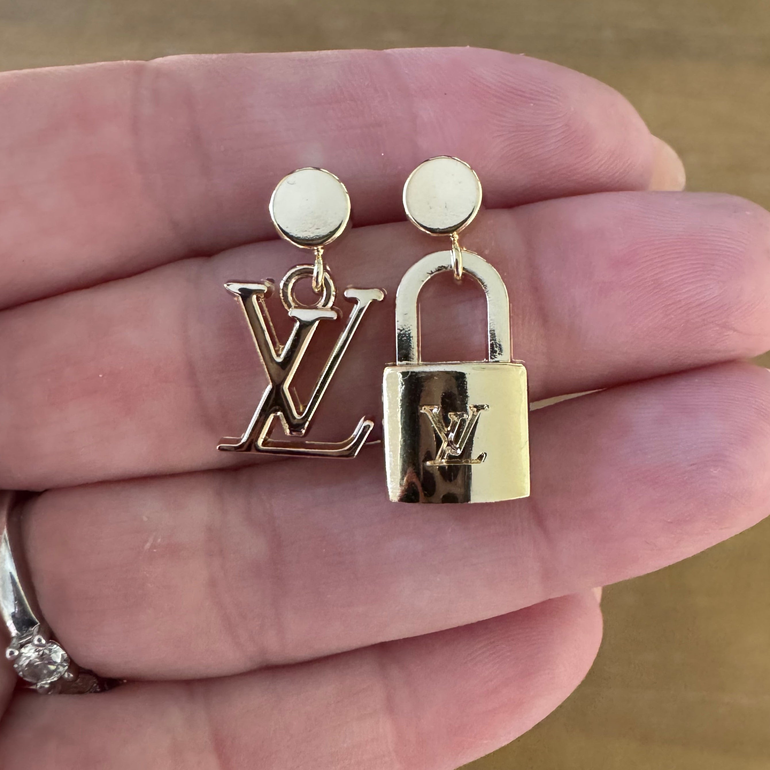 Gold Lock and Mongram Post Earrings