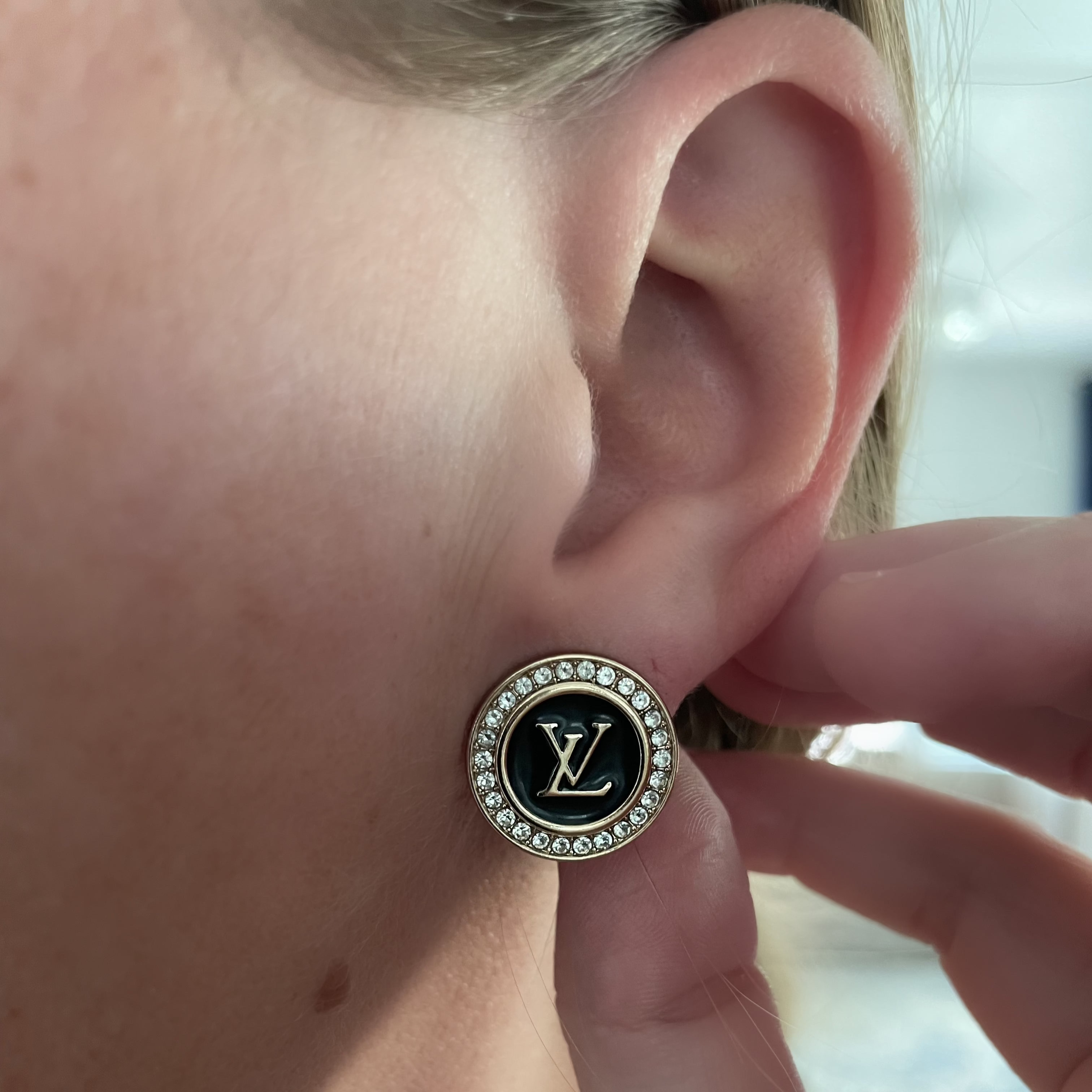 Black Enamel and Crystal Round Stud Earrings
