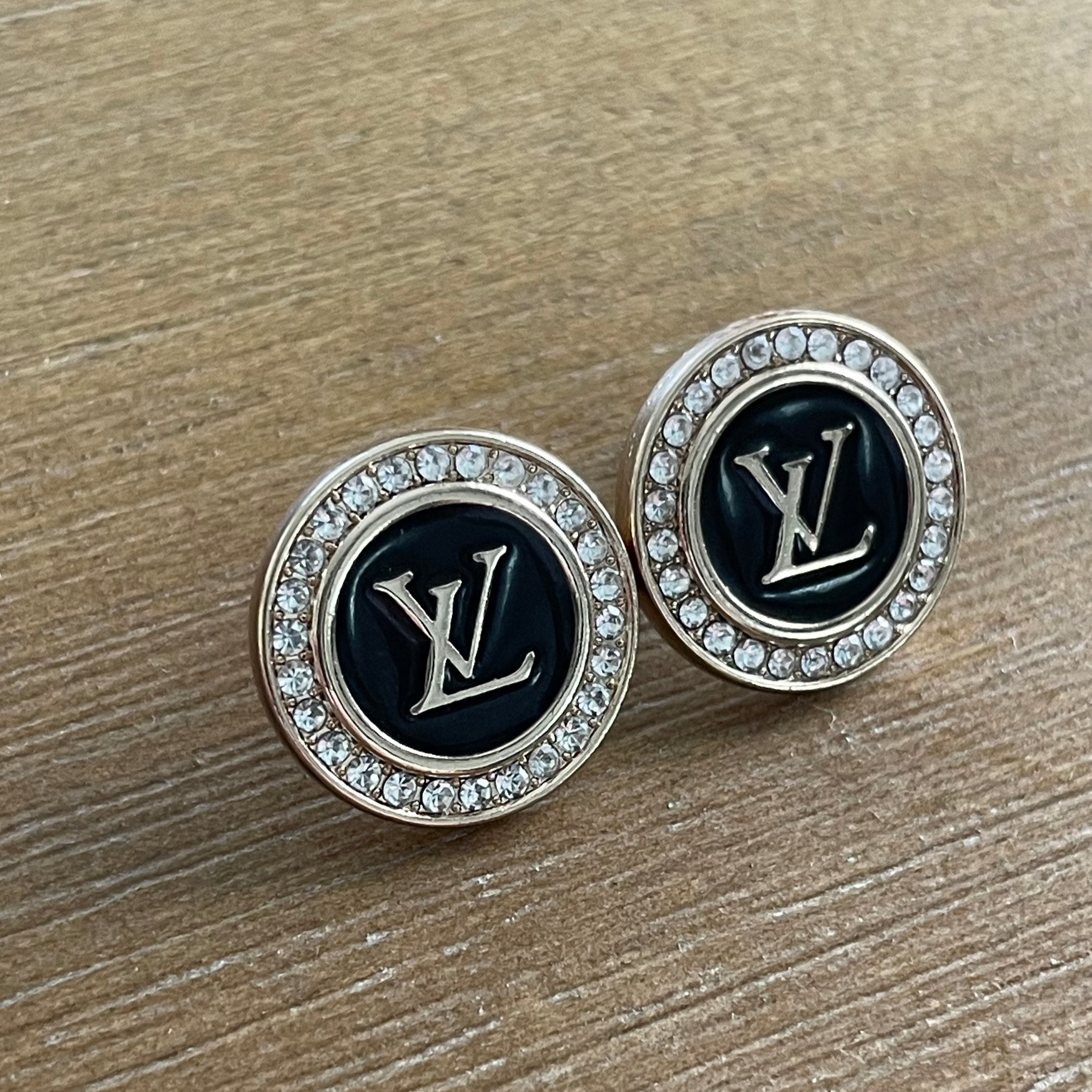 Black Enamel and Crystal Round Stud Earrings