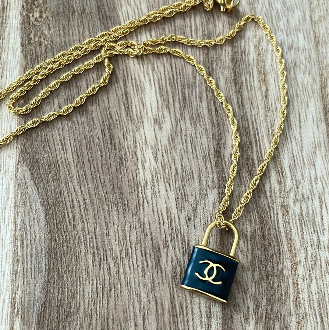 Yellow Gold and Black Mini Lock Necklace