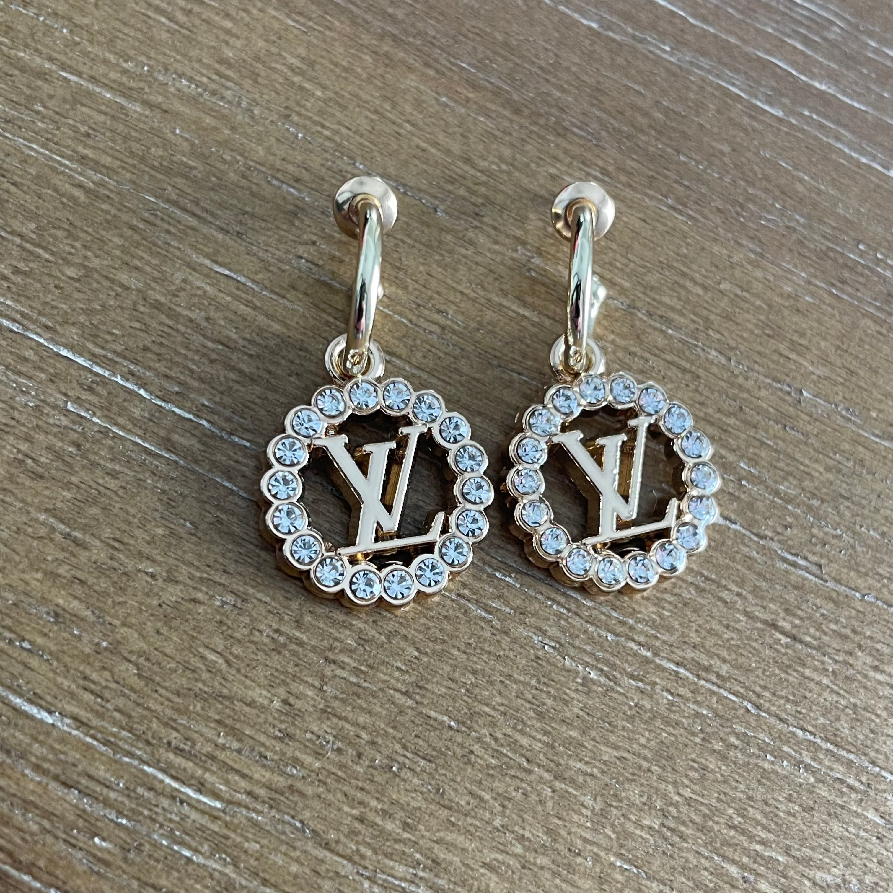 Gold and Rhinestone Surround Monogram Huggie Earrings