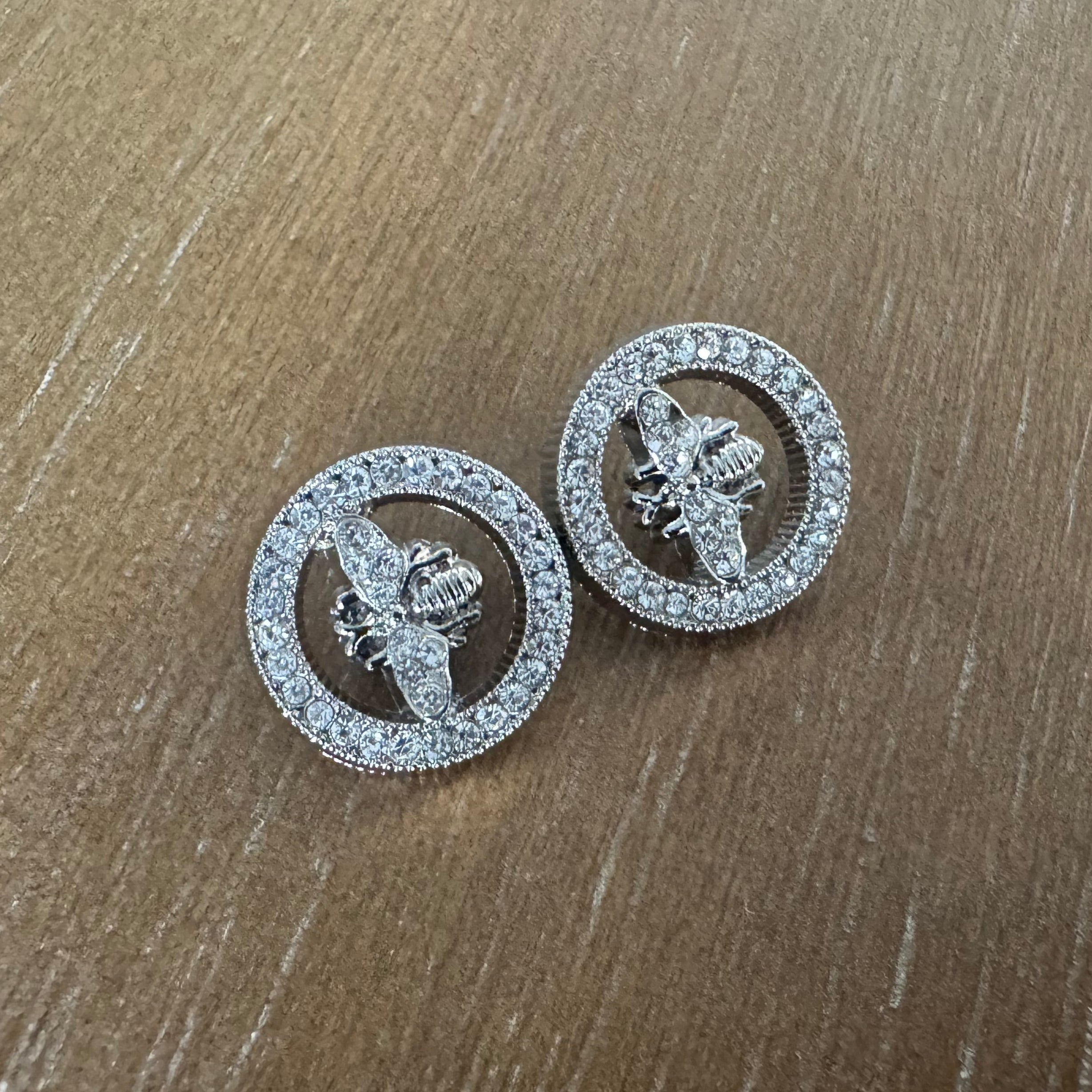 Silver Rhinestone Cutout Bee Stud Earrings