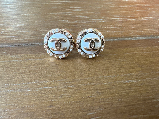 White Enamel and Pearl Dome Stud Earrings