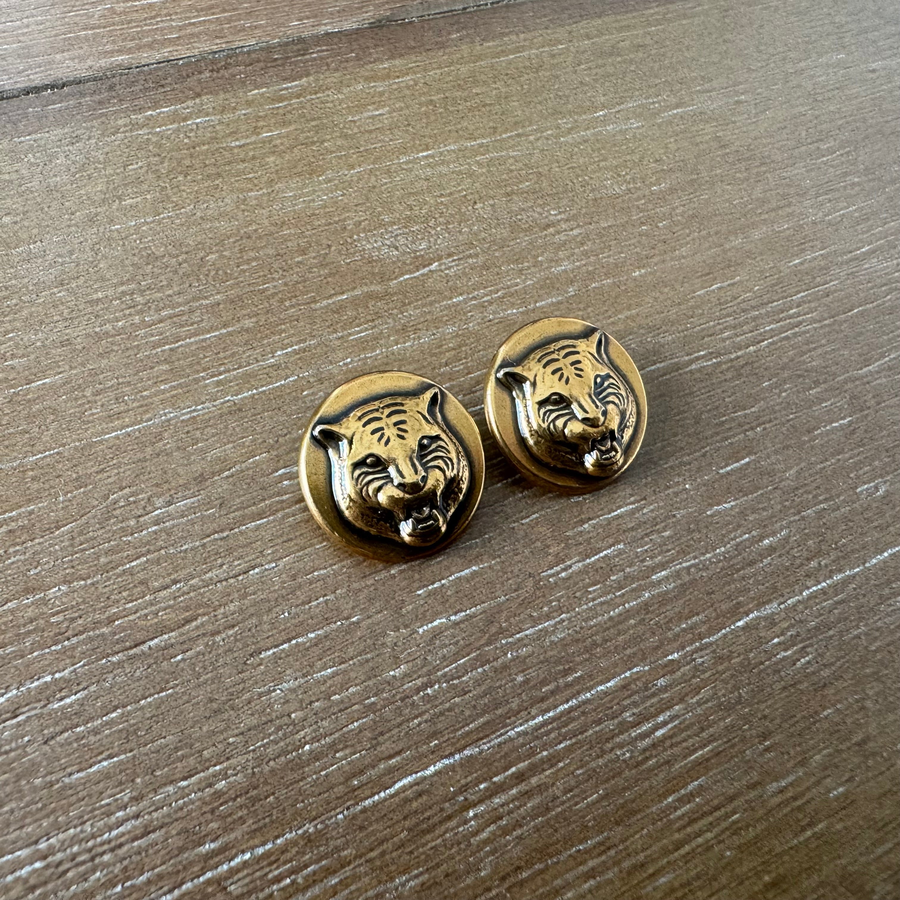 Gold Antique Tiger Stud Earrings