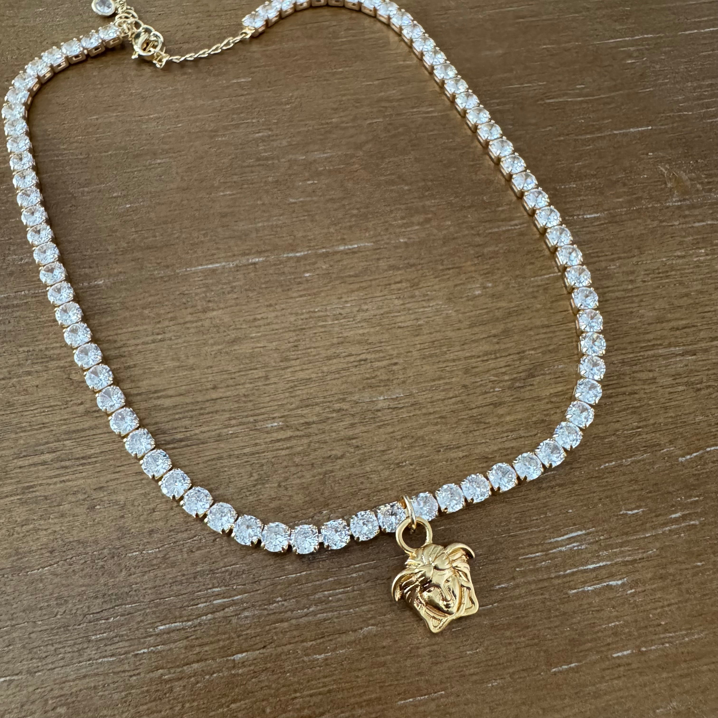 Rhinestone and Gold Medusa Necklace
