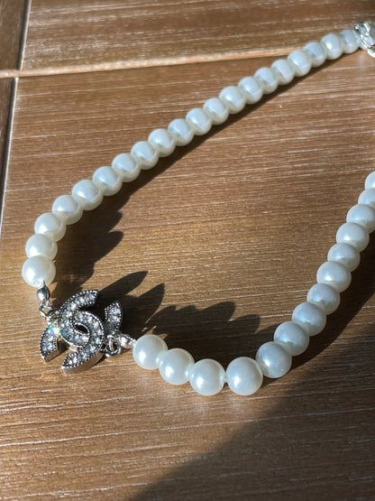 Silver Rhinestone and Pearl Necklace