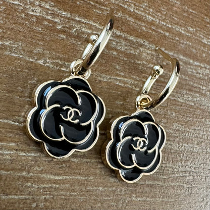 Black Flower Huggie Earrings