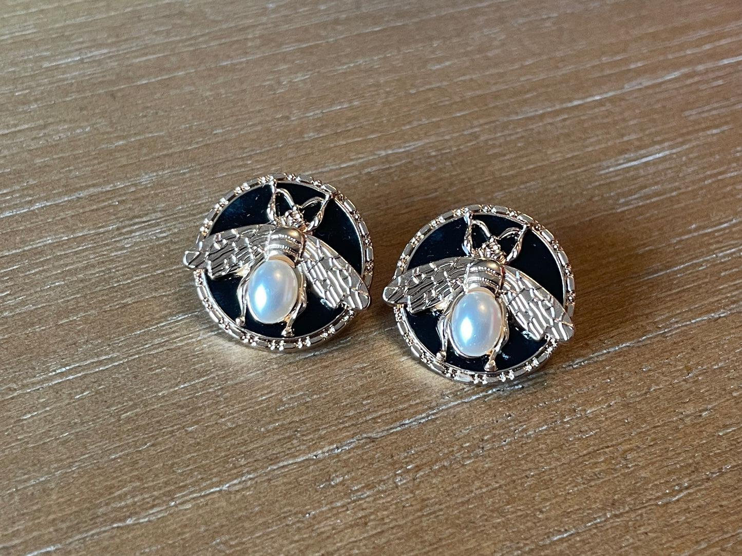 Black Enamel Pearl Bee Stud Earrings