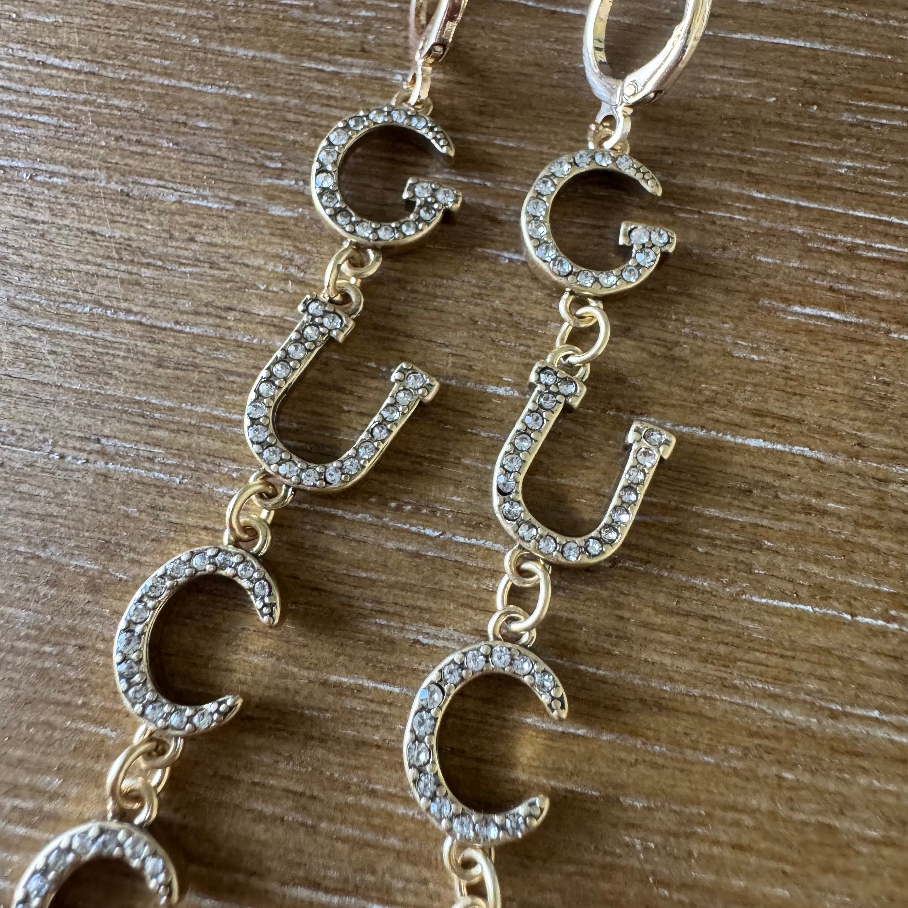 Gold and Rhinestone Long Name Huggie Earrings