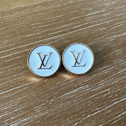 Small White Enamel Monogram Stud Earrings