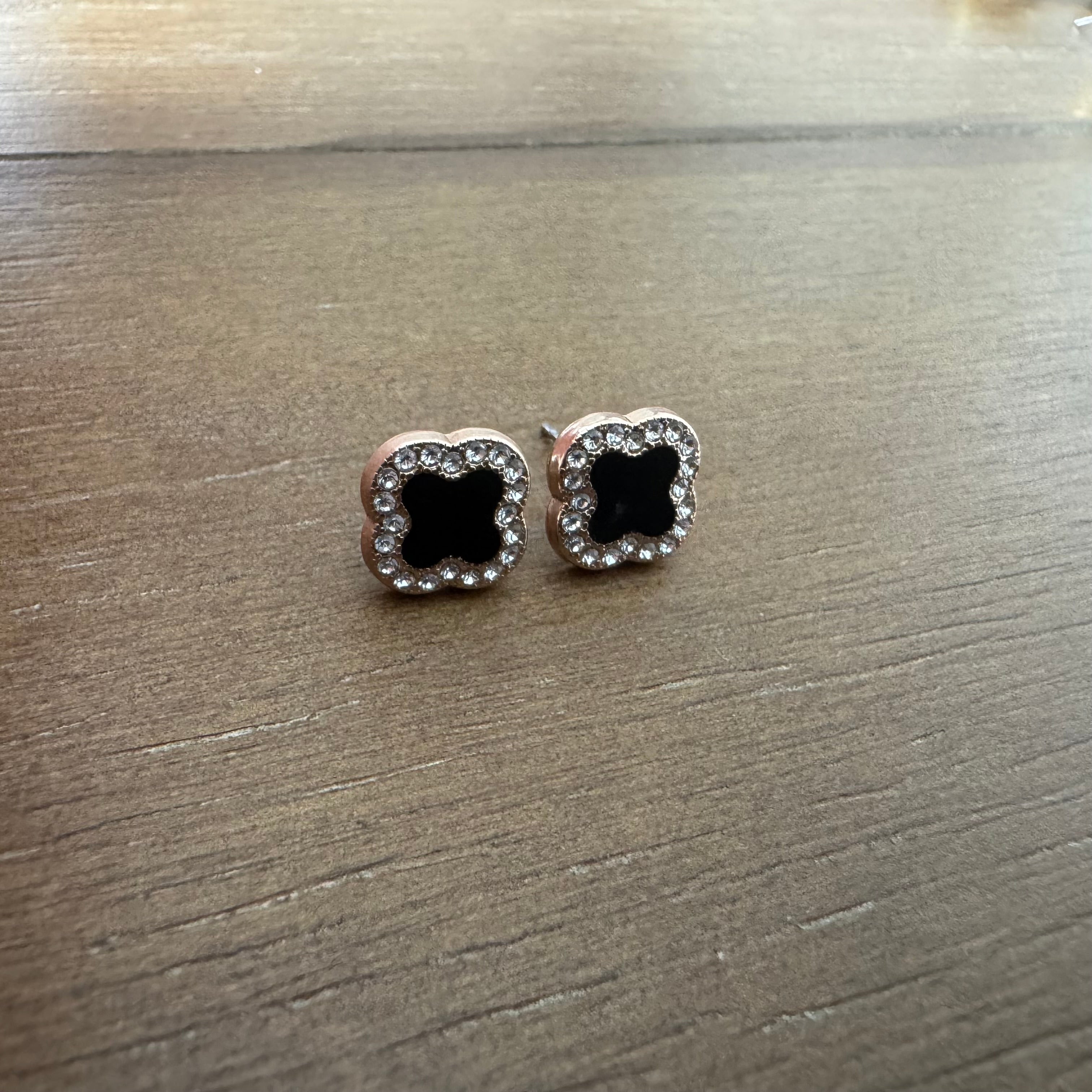 Black Mini and Rhinestone Clover Stud Earrings