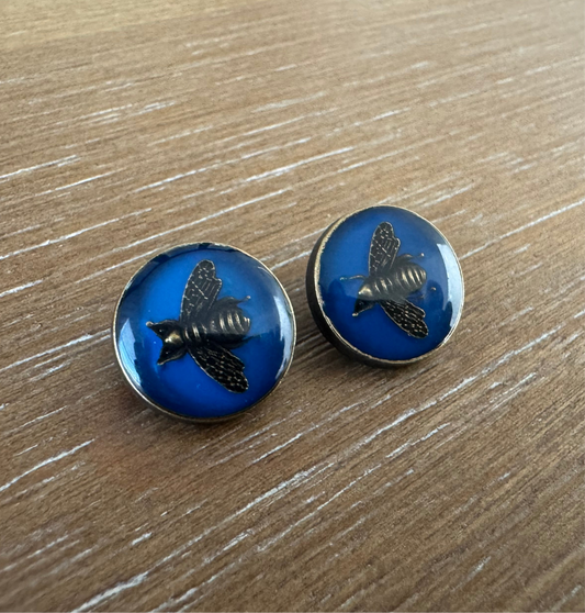 Blue Enamel Bee Stud Earrings