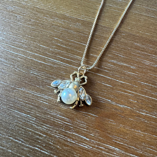 Pearl and Crystal Gold Bee Necklace