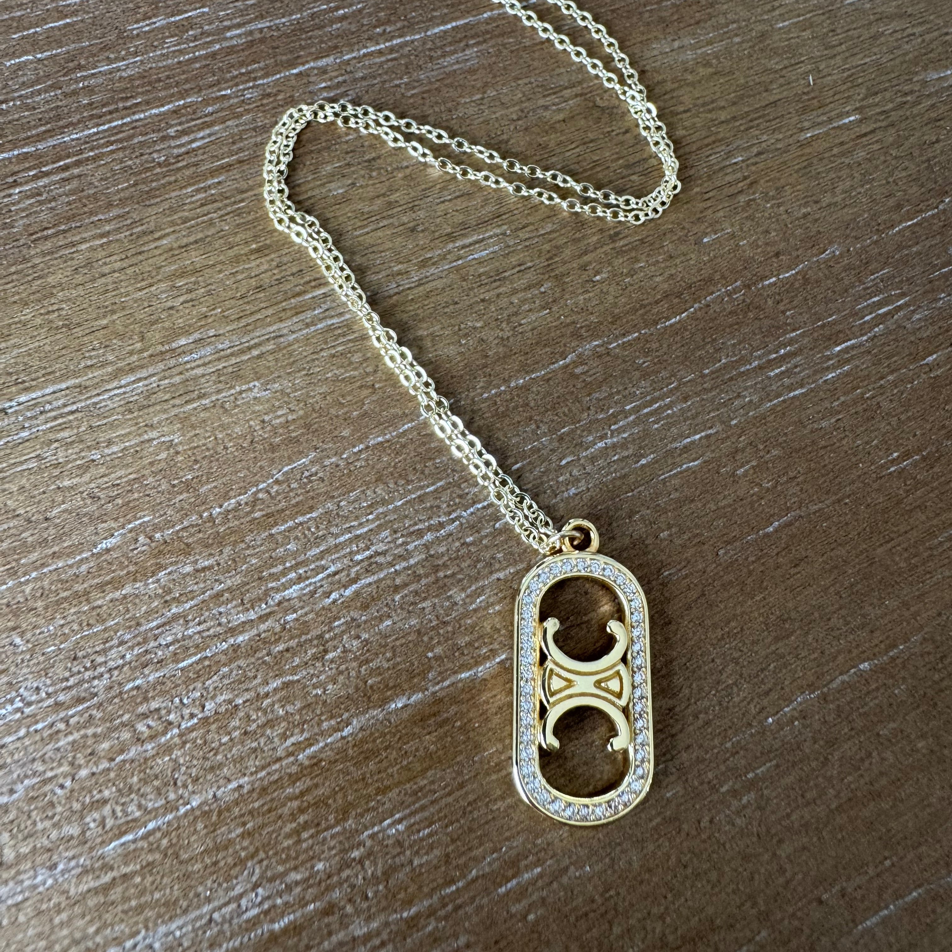Yellow Gold and Rhinestone Oval Necklace