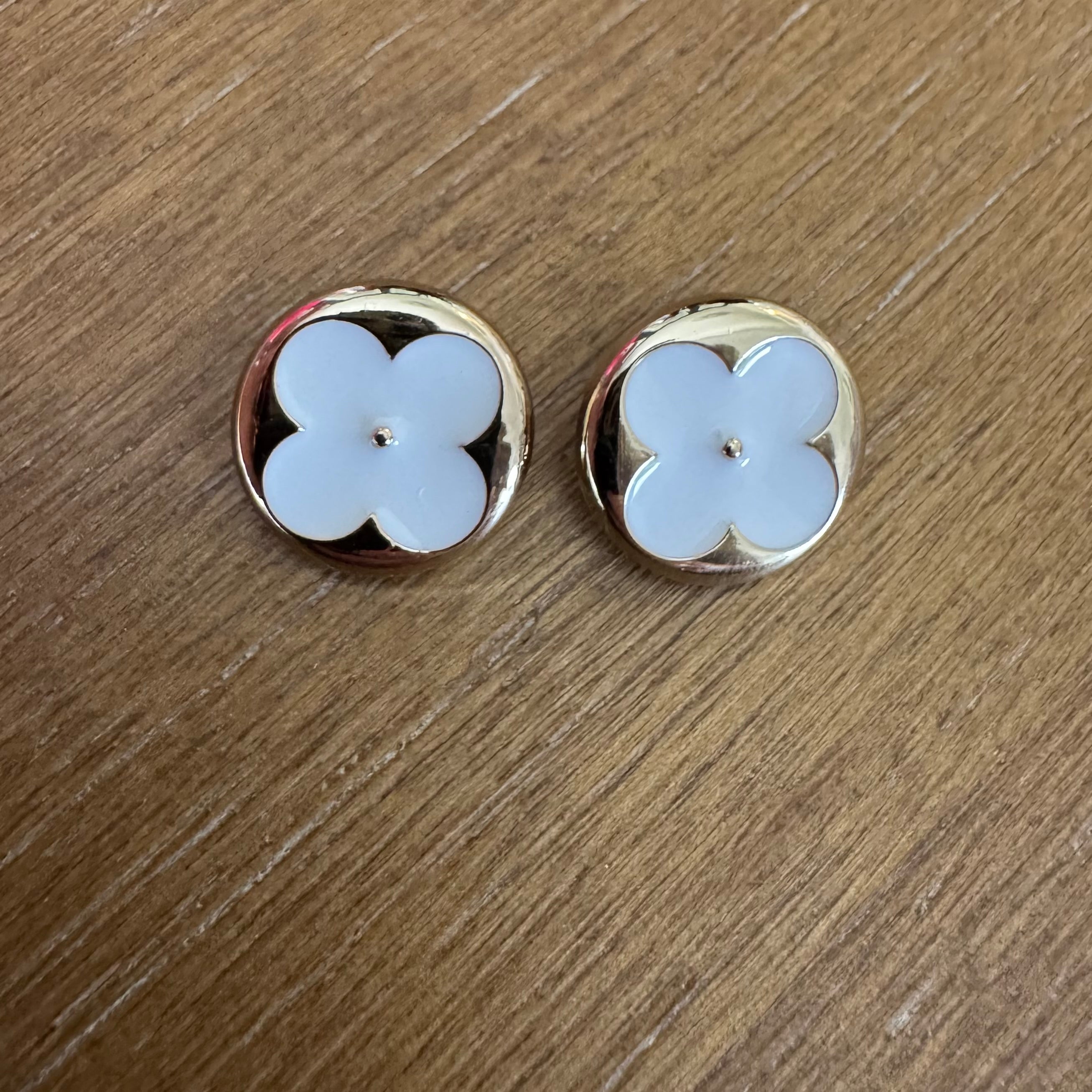 Gold and White Enamel Flower Stud Earrings
