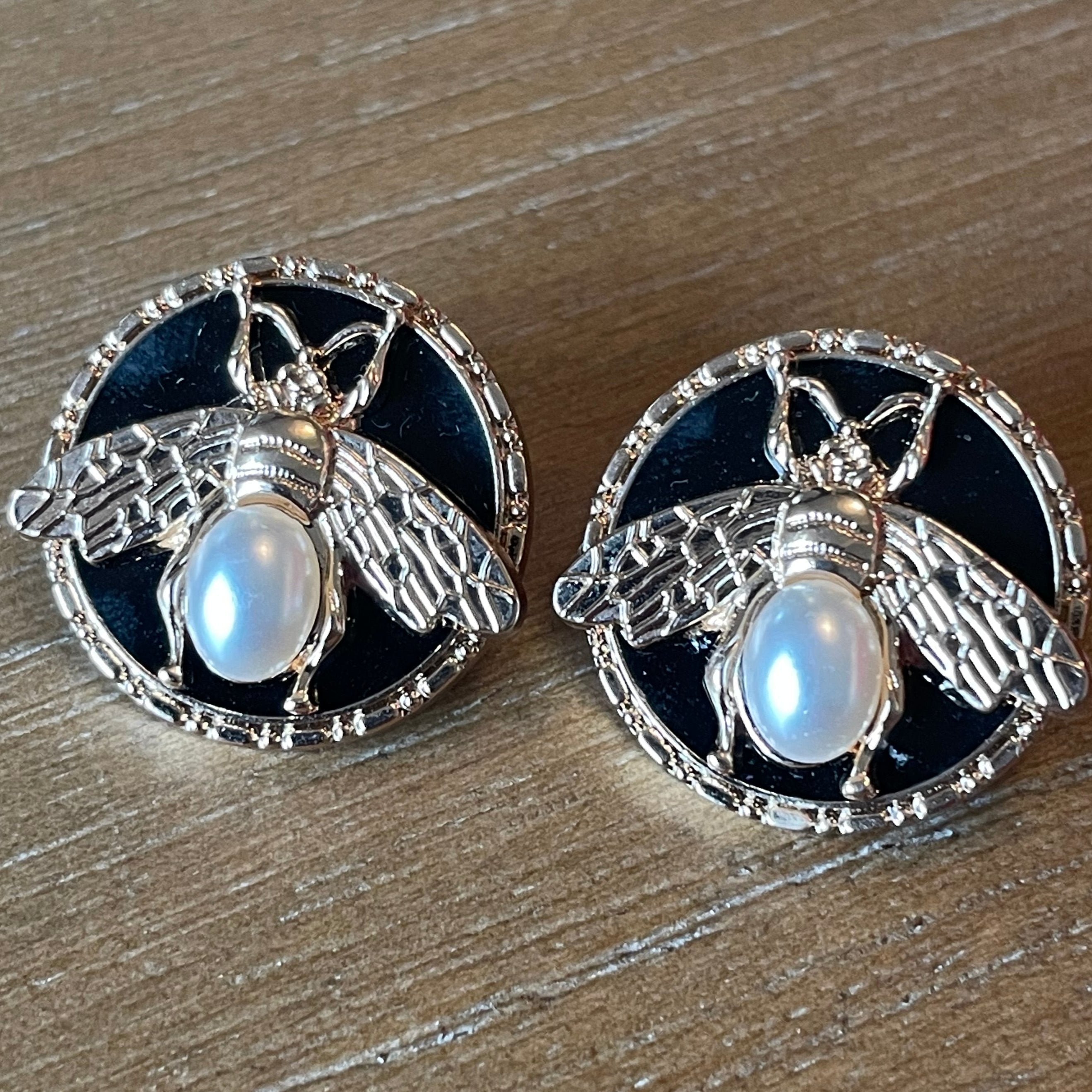 Black Enamel Gold Pearl Bee Stud Earrings