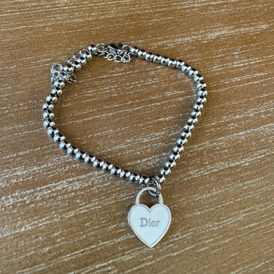 Silver and White Heart Ball Bracelet