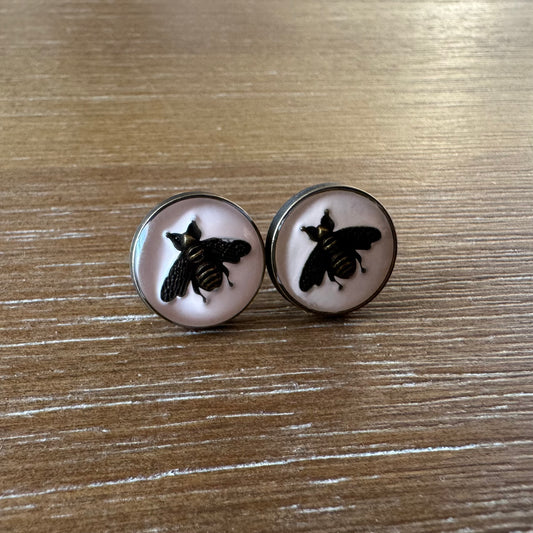 Light Pink Enamel Bee Gold Stud Earrings