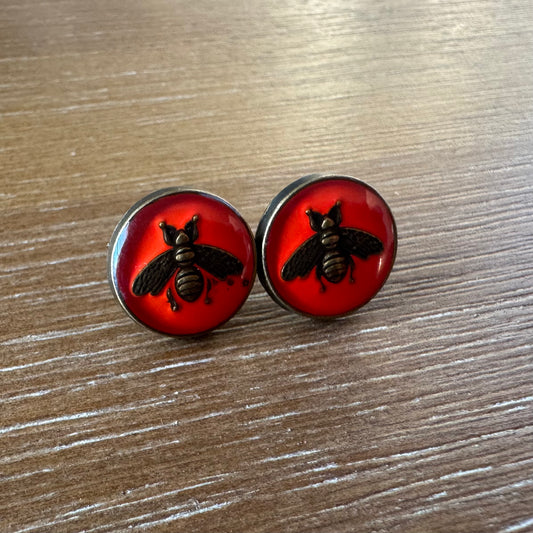 Burnt Orange Enamel Bee Gold Stud Earrings