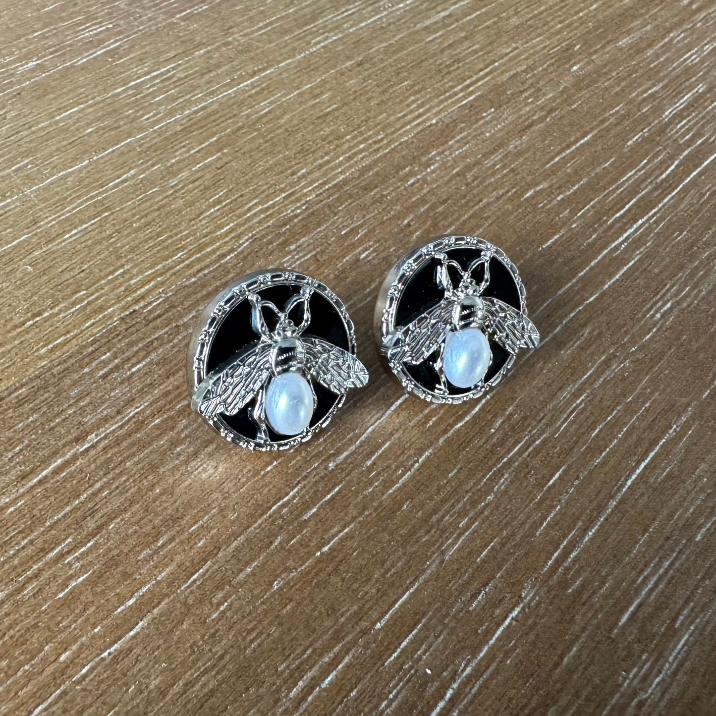 Silver and Black Bee Pearl Stud Earrings