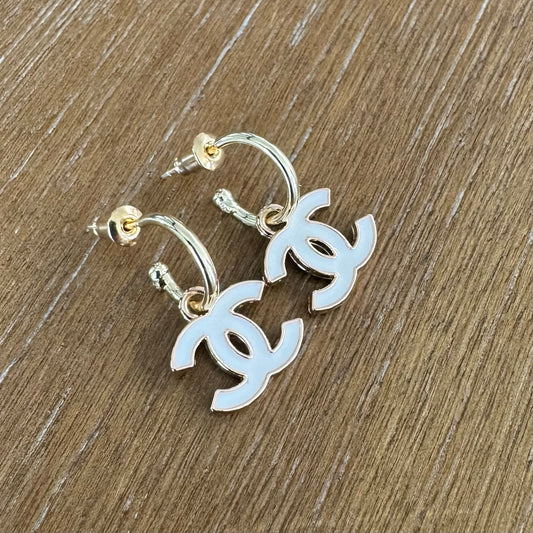 White Enamel and Gold Mini Huggie Earrings