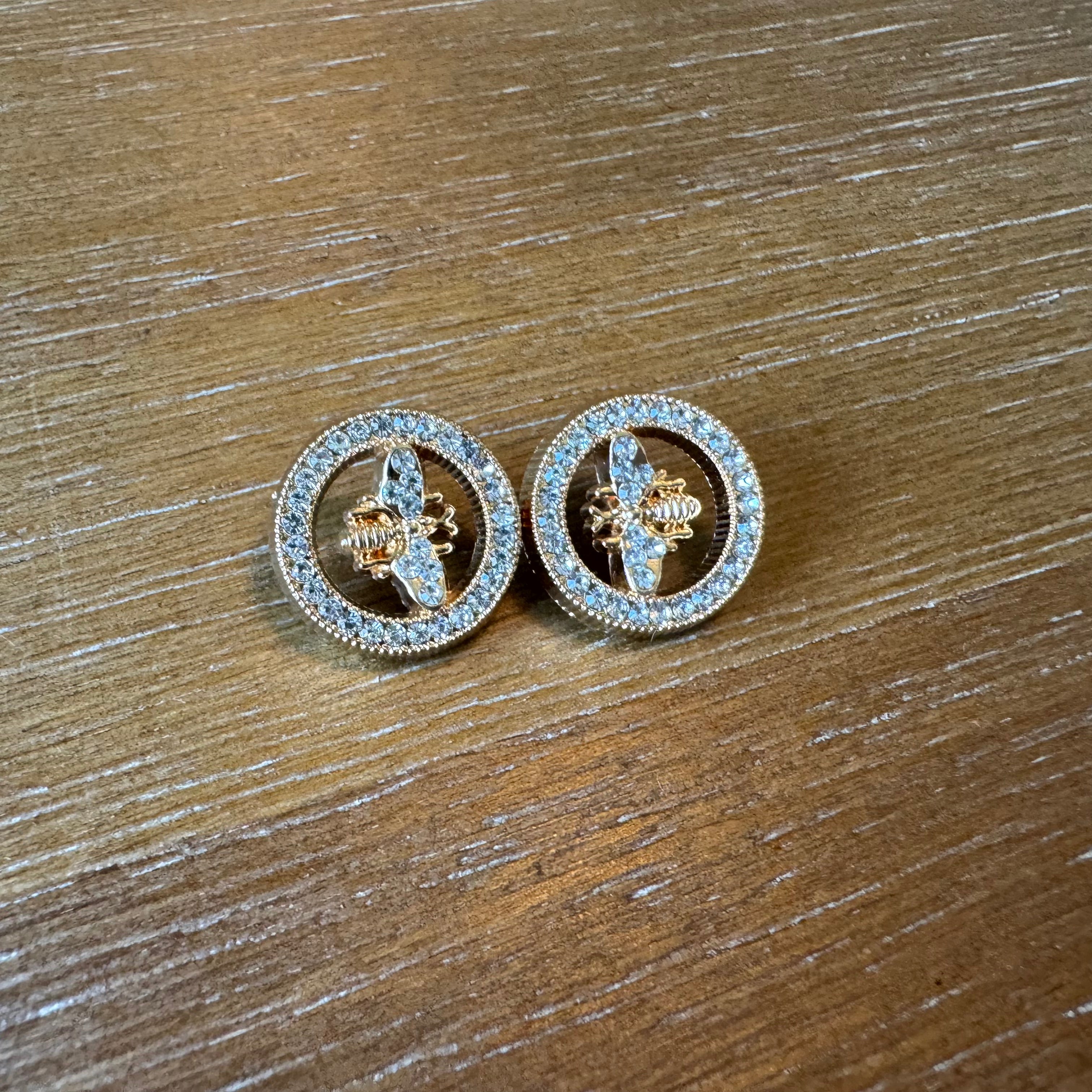 Gold Rhinestone Bee Studs