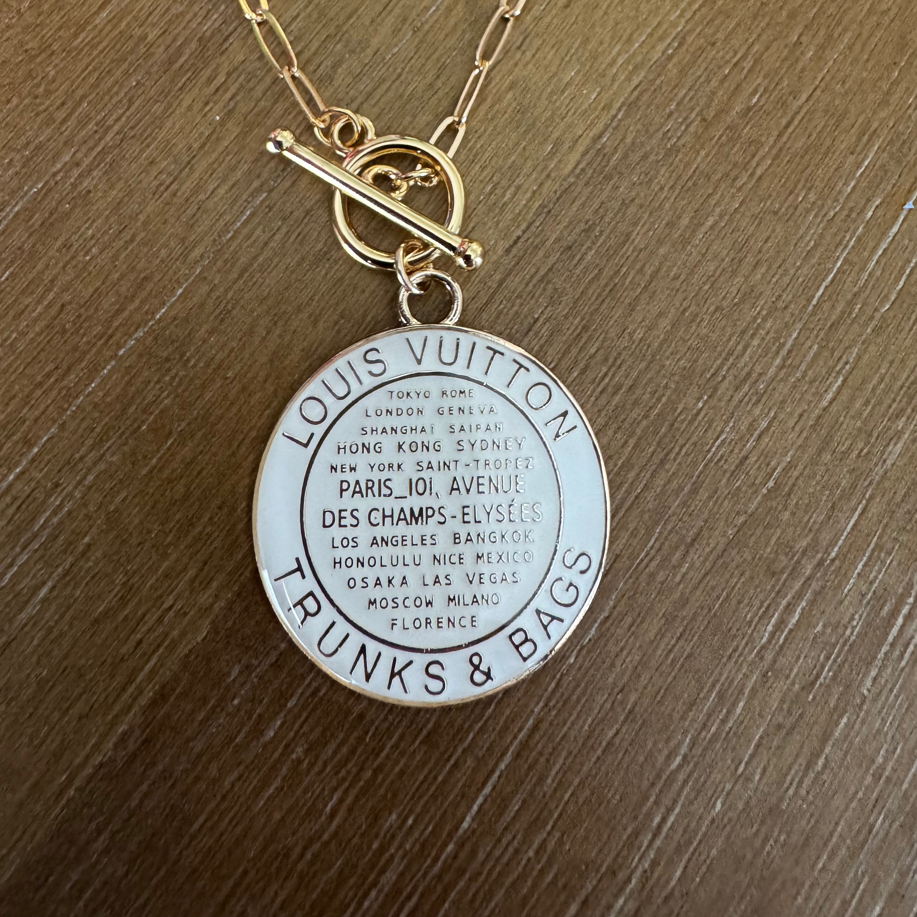 Gold and White Enamel Trunk Tag Toggle Necklace