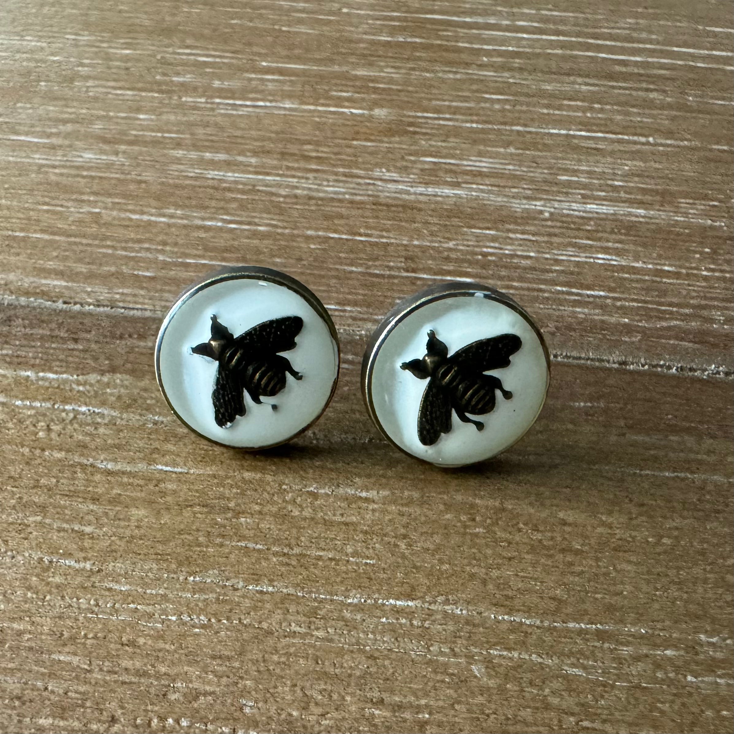 White Bee Enamel Stud Earrings