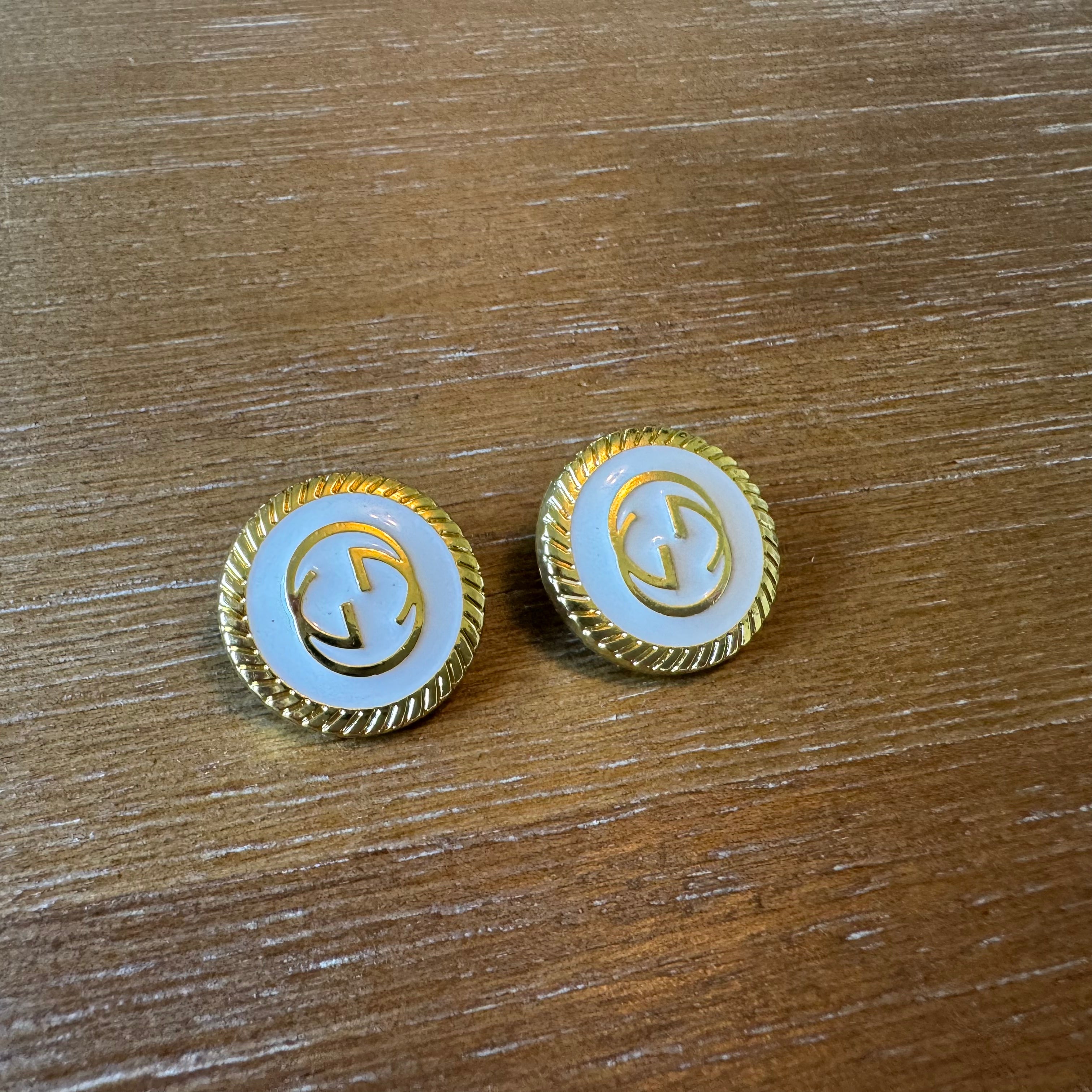 White Enamel and Yellow Gold Round Stud Earrings