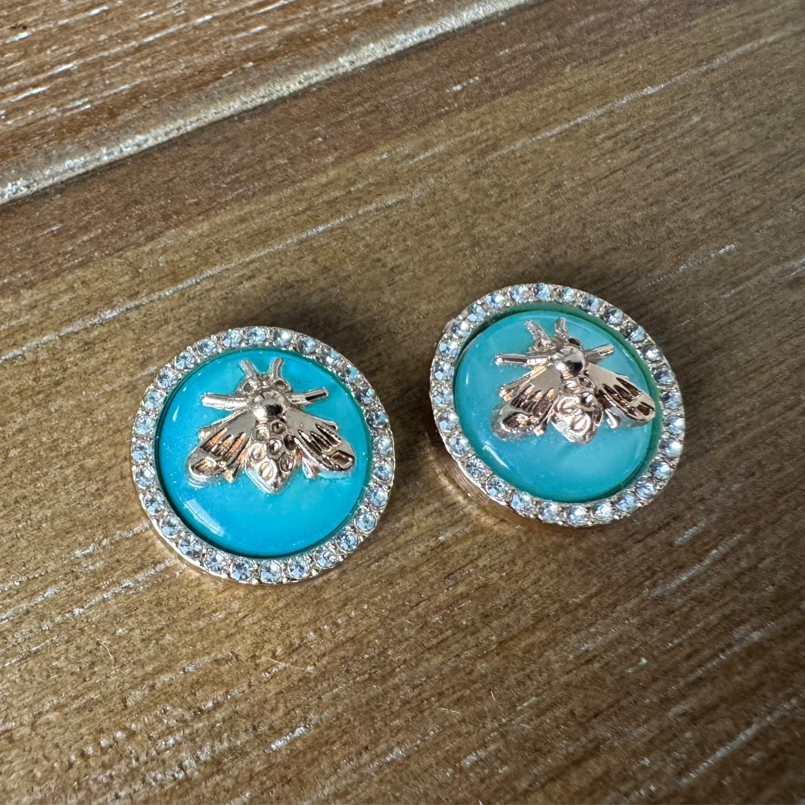 Teal Pearl and Rhinestone Bee Stud Earrings