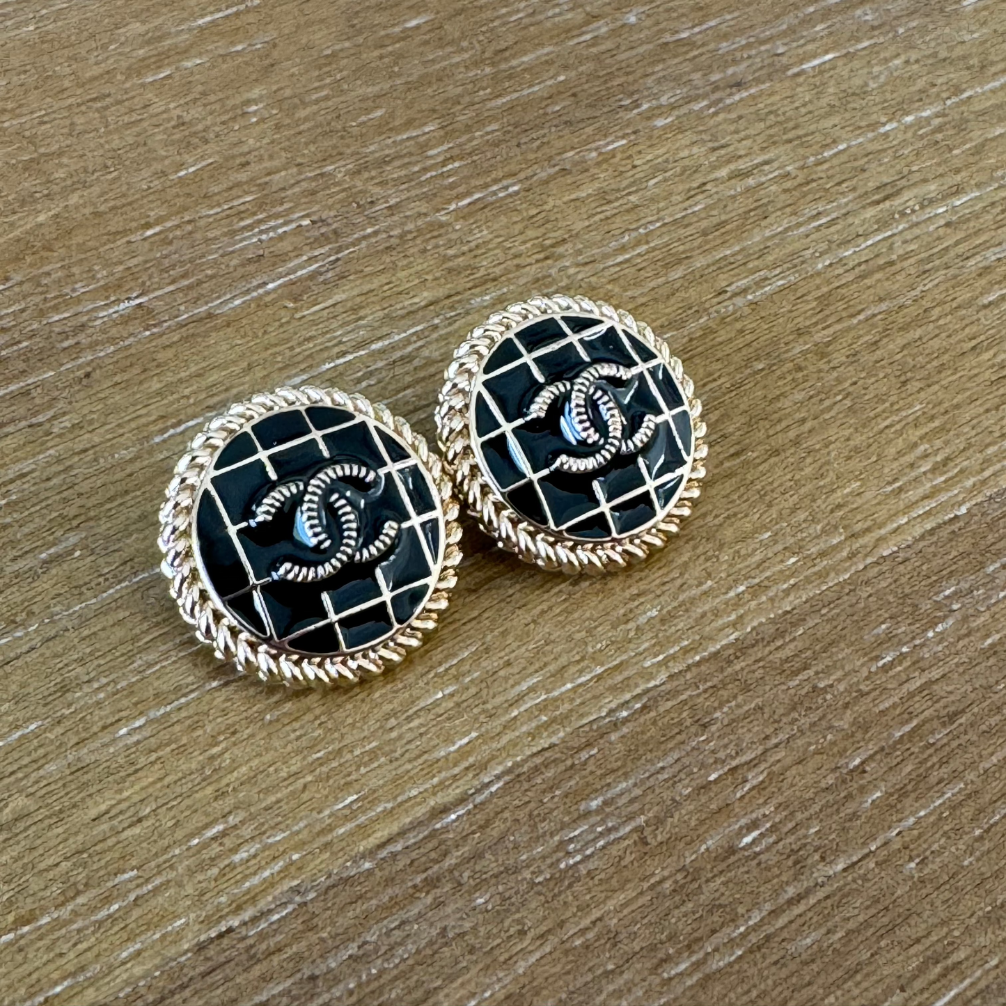 Black and Gold Round Plaid Stud Earrings