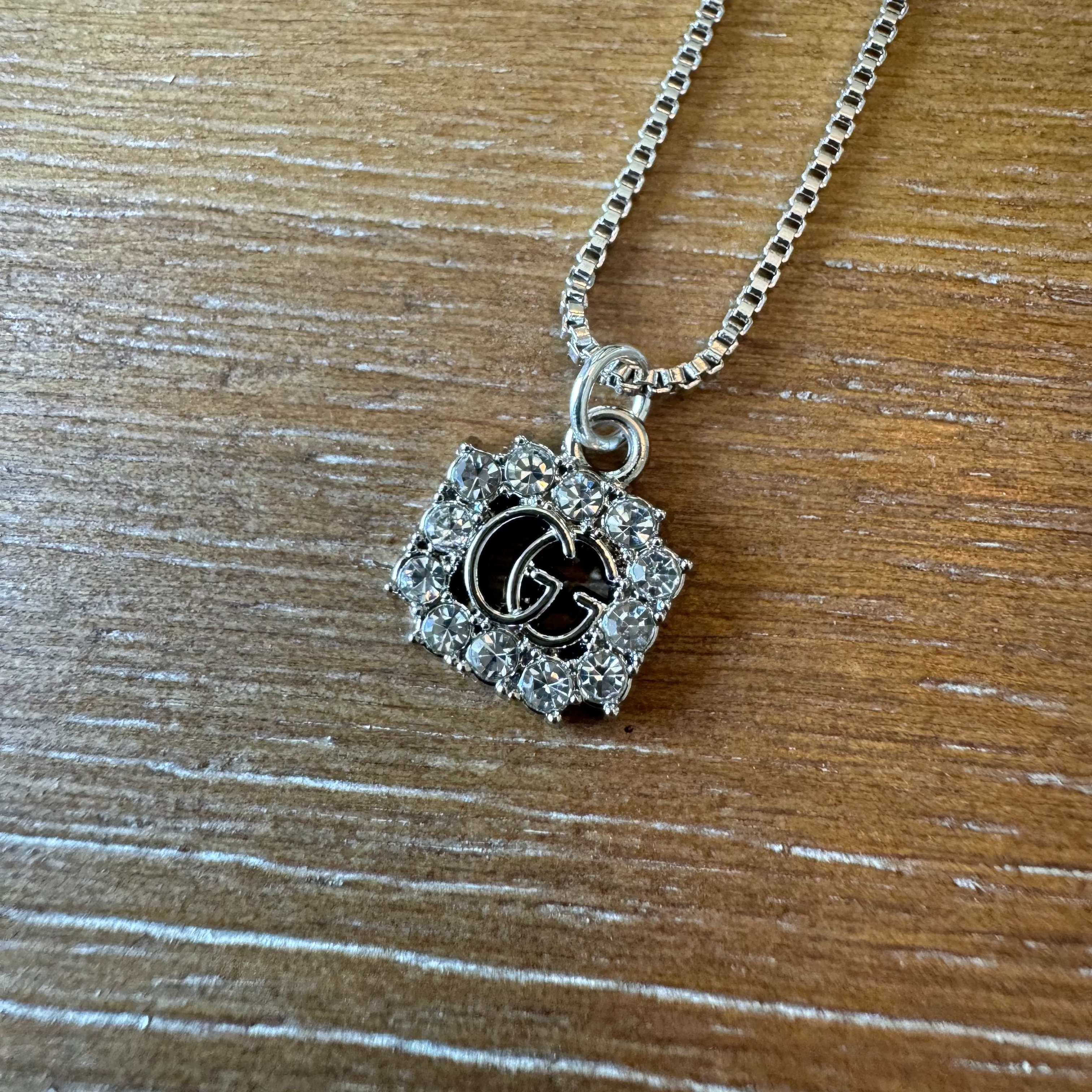 Mini Monogram Silver and Rhinestone Necklace
