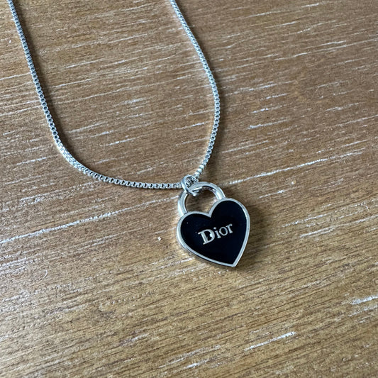 Black Enamel and Silver Heart Necklace