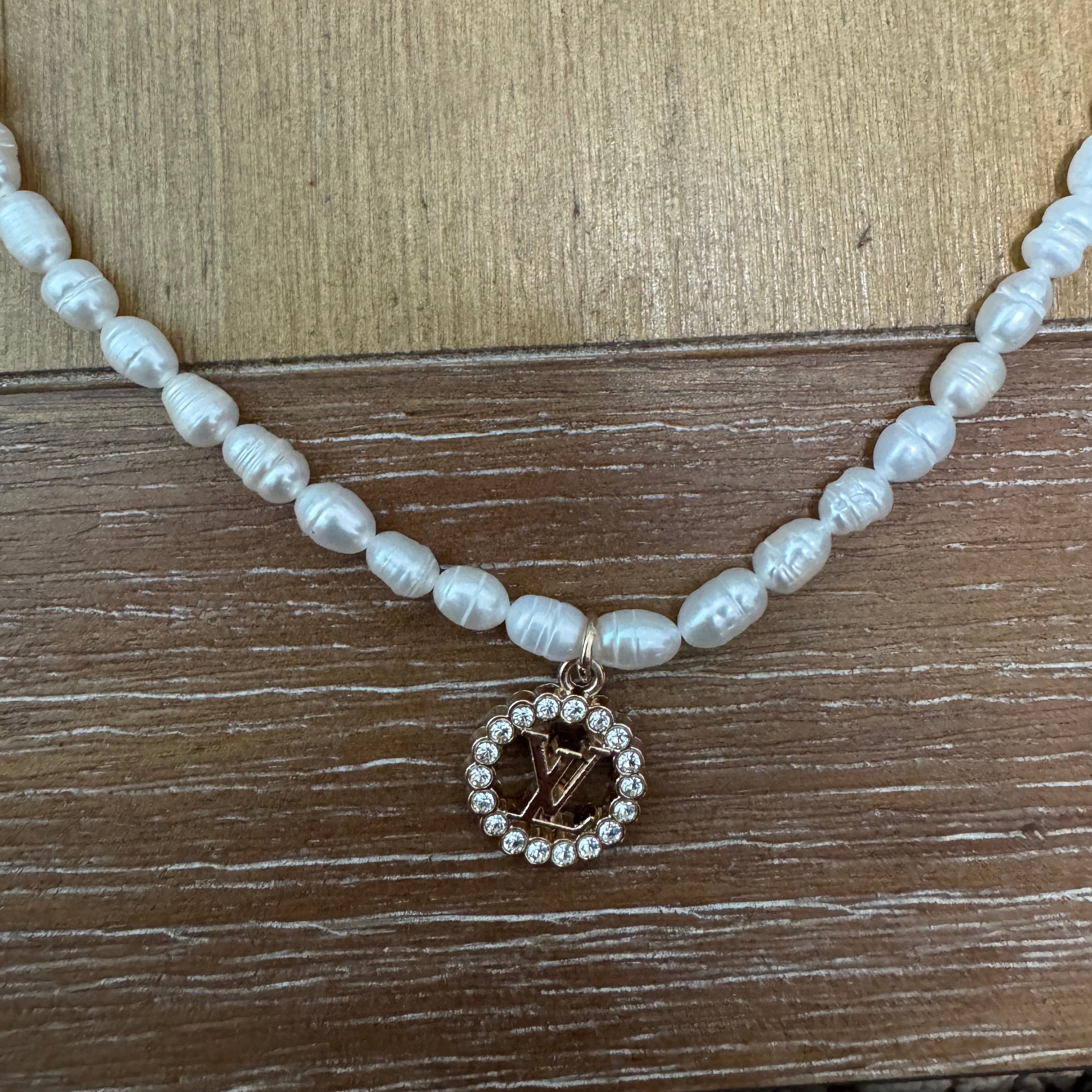 Pearl Necklace with Rhinestone Monogram