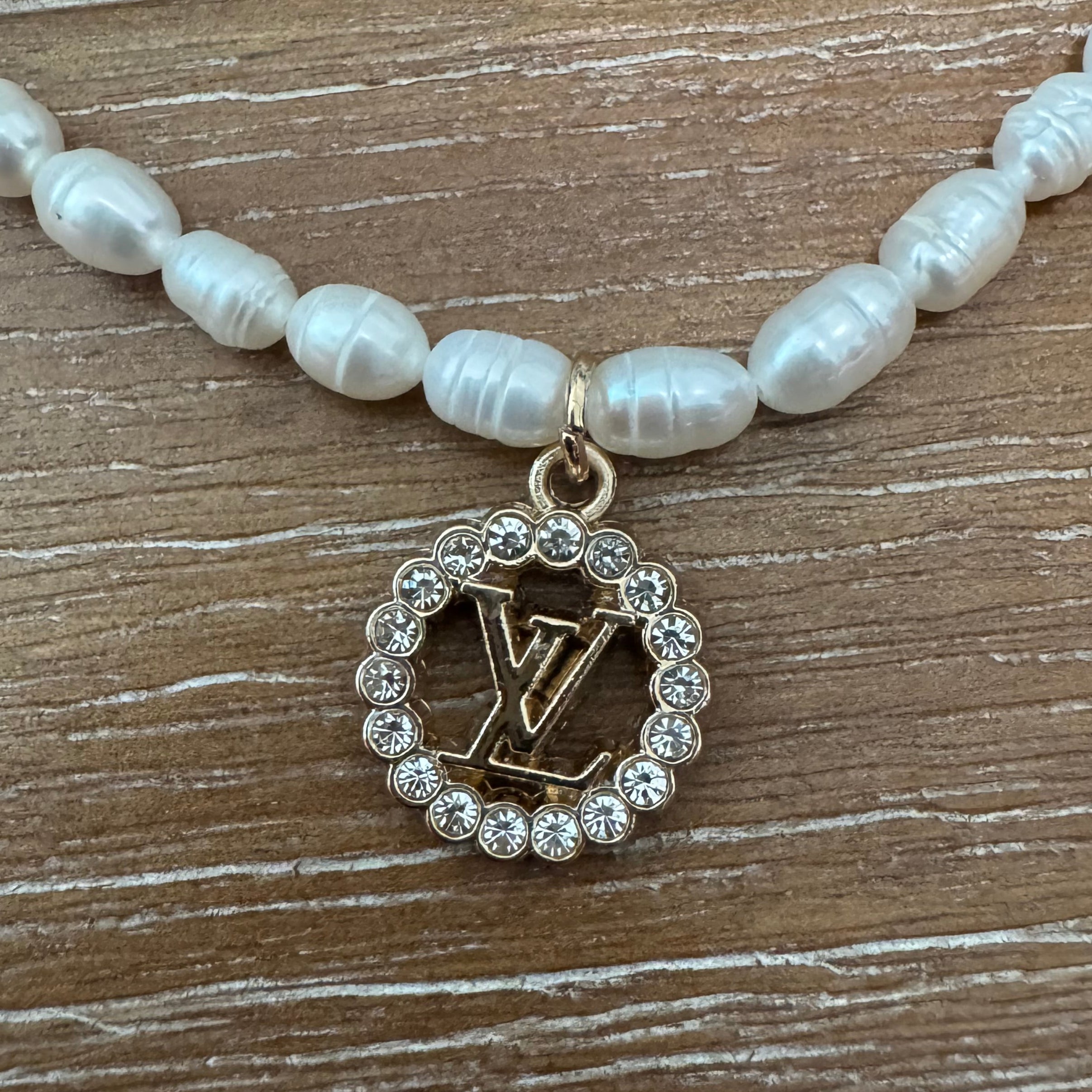 Pearl Necklace with Rhinestone Monogram