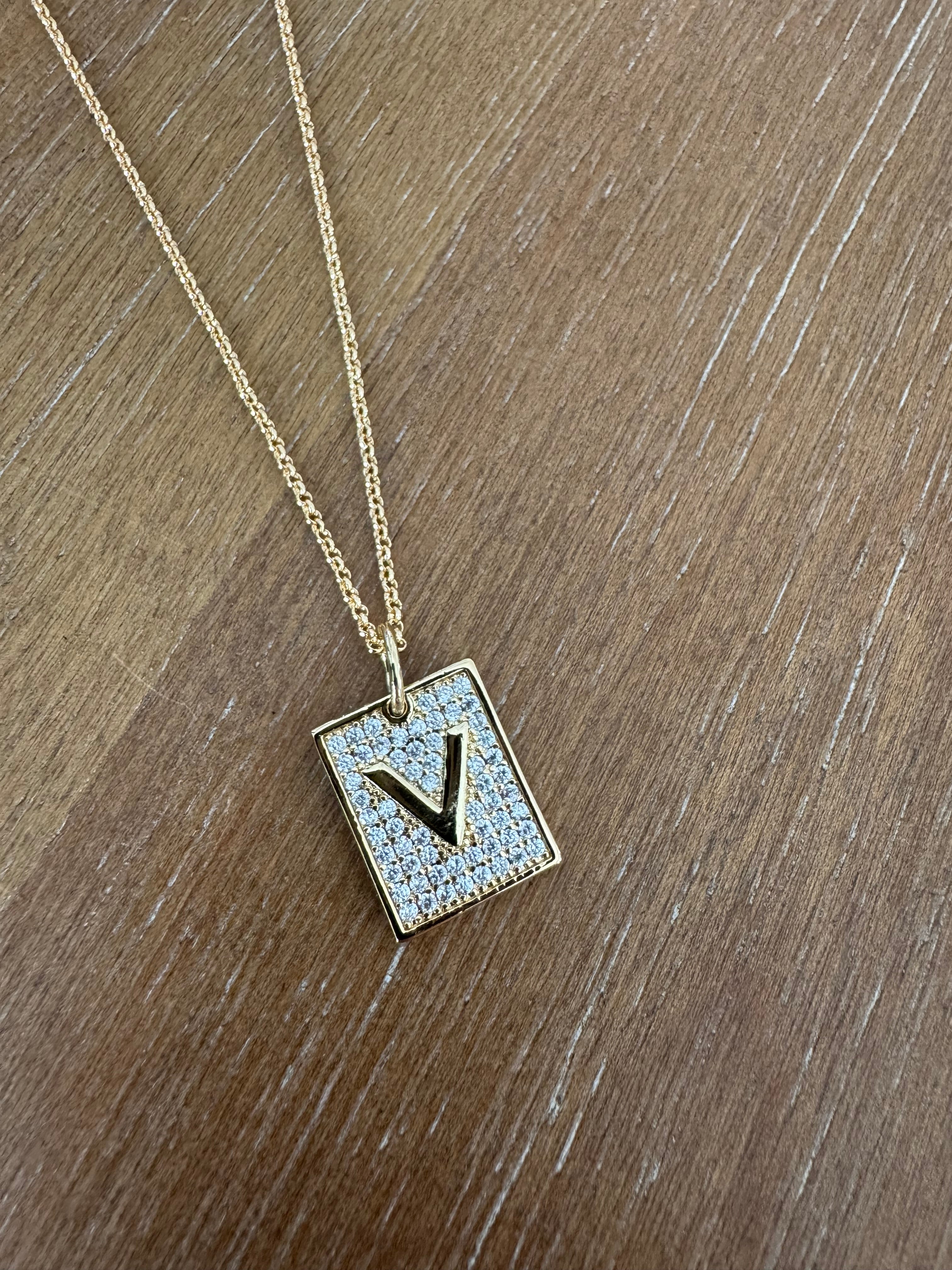 Gold 2 for 1 Rectangular Rhinestone/ Monogram Necklace