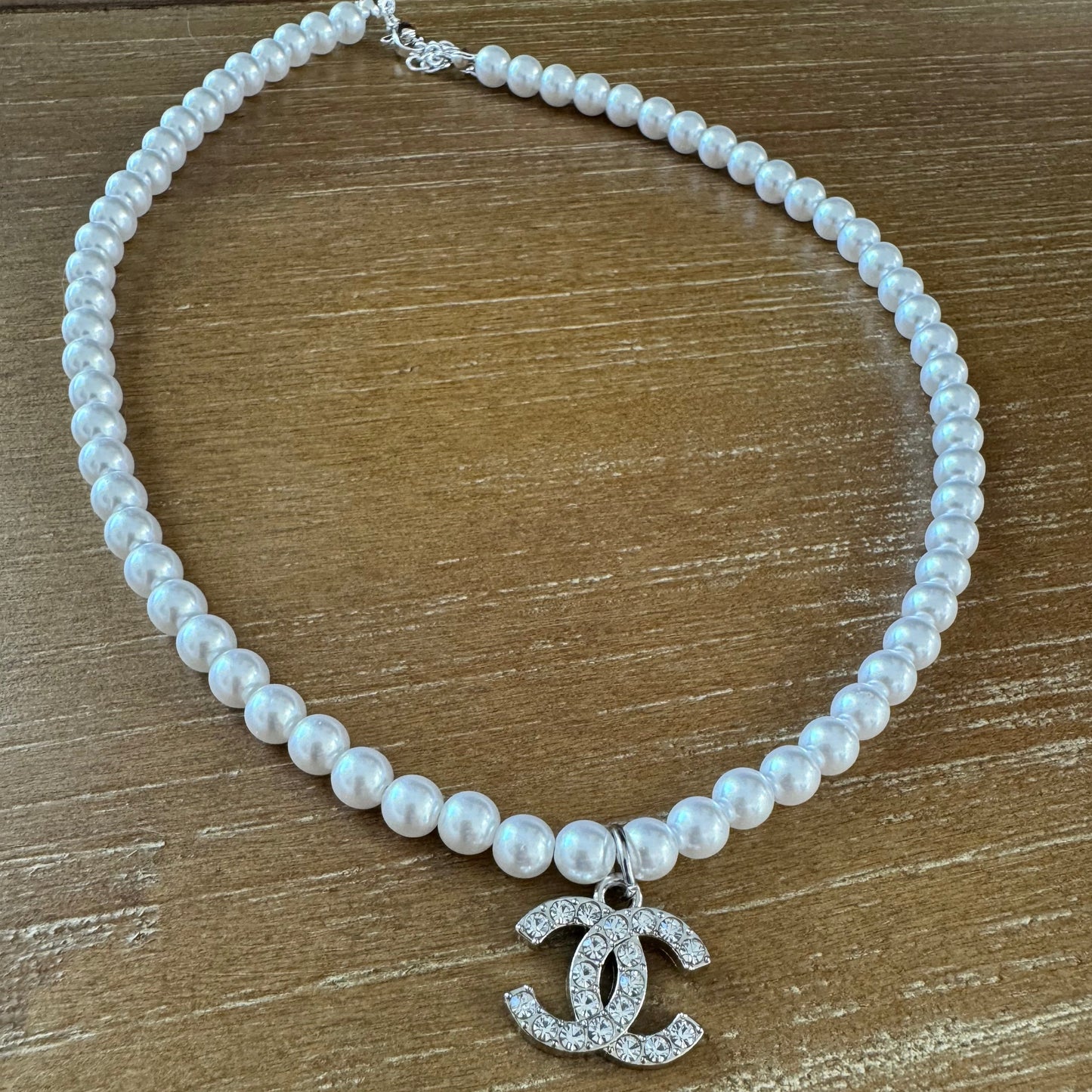 Silver Rhinestone and Pearl Necklace