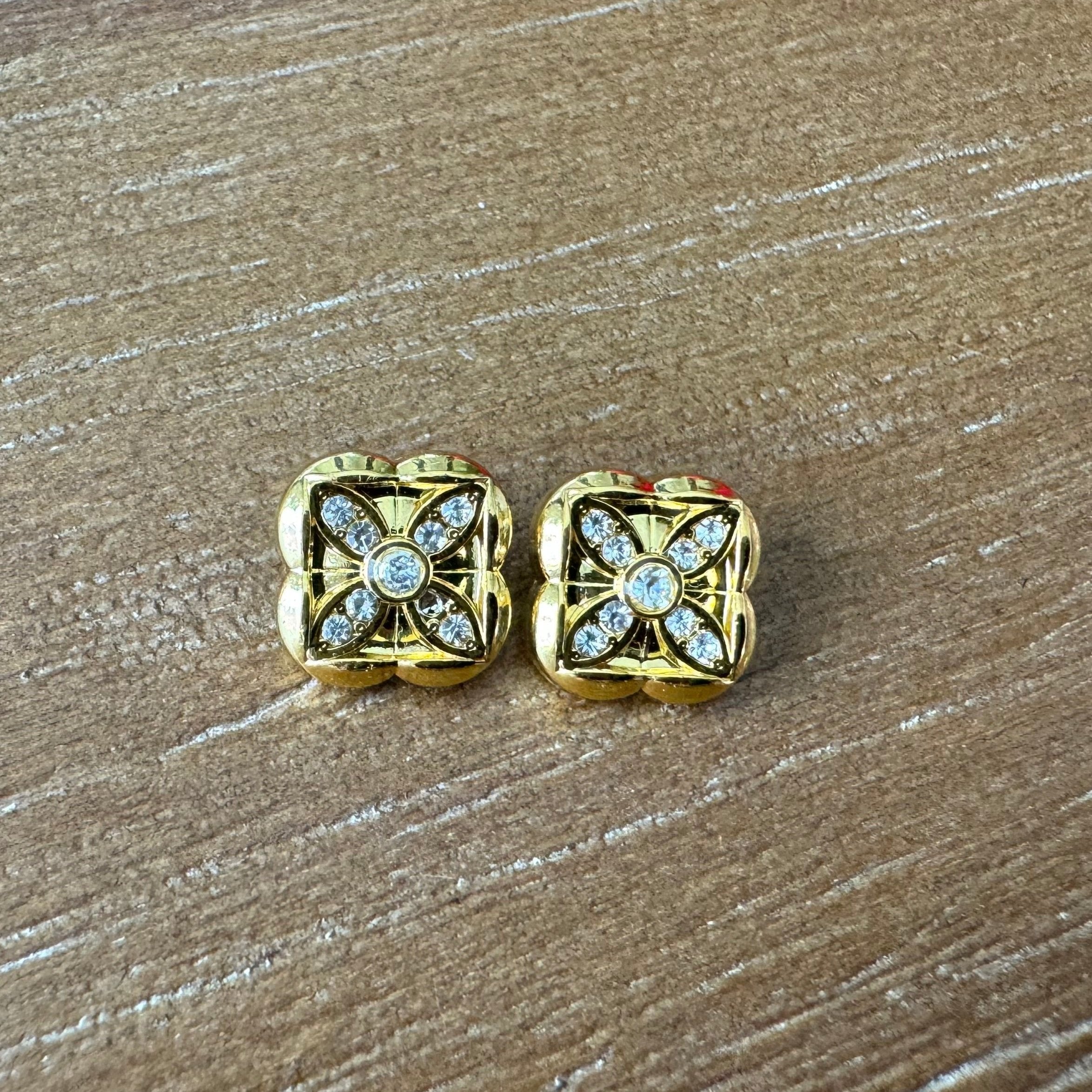 Yellow Gold Mini Clover Rhinestone Stud Earrings