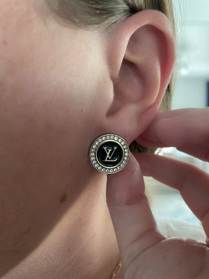 Black Enamel and Crystal Round Stud Earrings