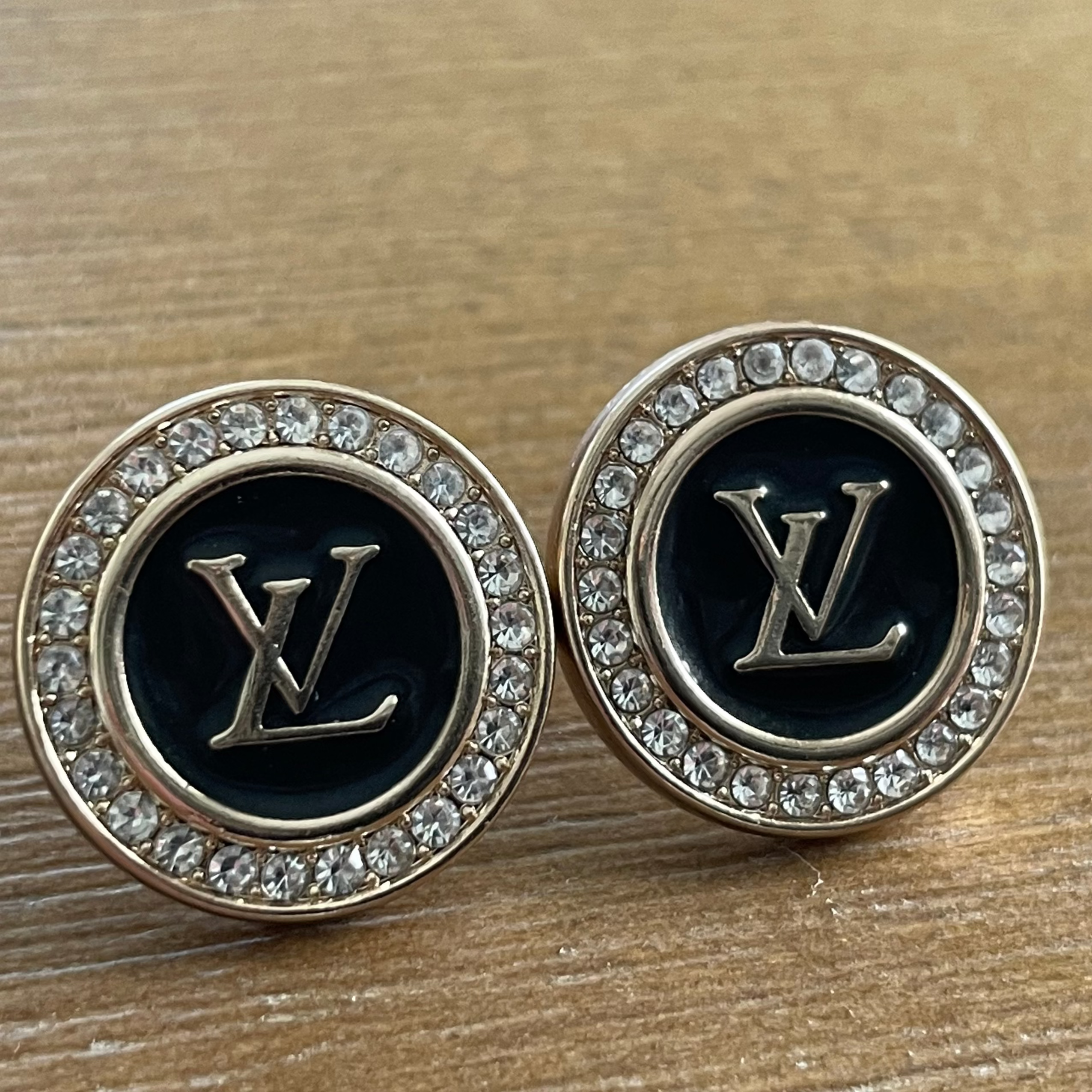 Black Enamel and Crystal Round Stud Earrings
